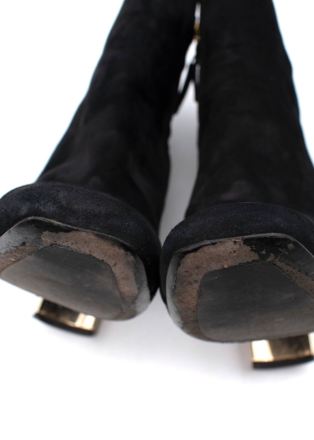 Preowned Giuseppe Zanotti Black Suede Gold-Tone Metal Block Heeled Boots Size 375 leather