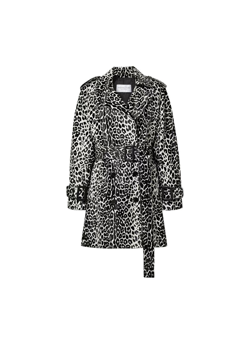 Michael Kors Belted double-breasted leopard-print calf hair trench coat Size M Black and white see label