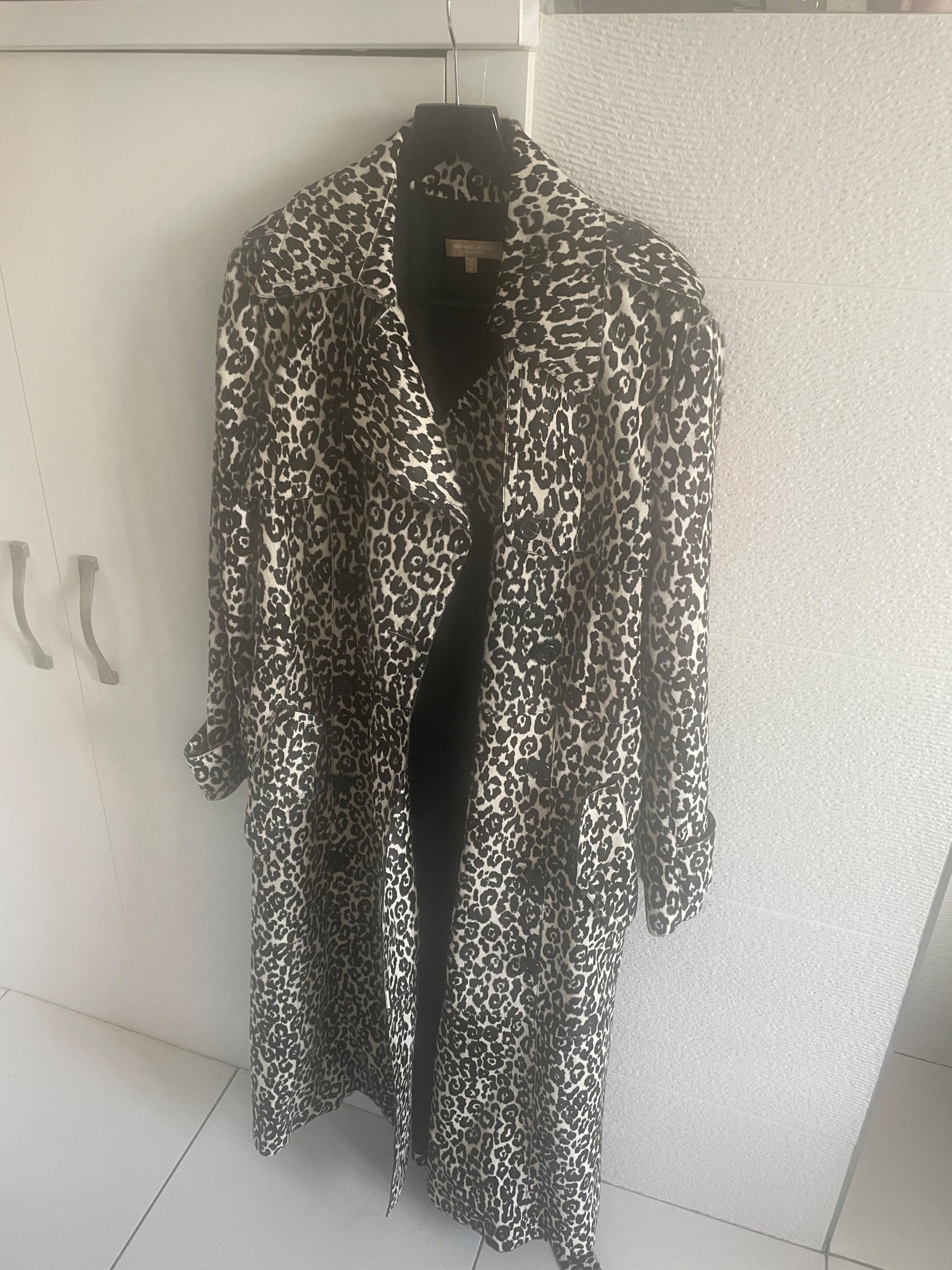 Michael Kors Belted double-breasted leopard-print calf hair trench coat Size M Black and white see label