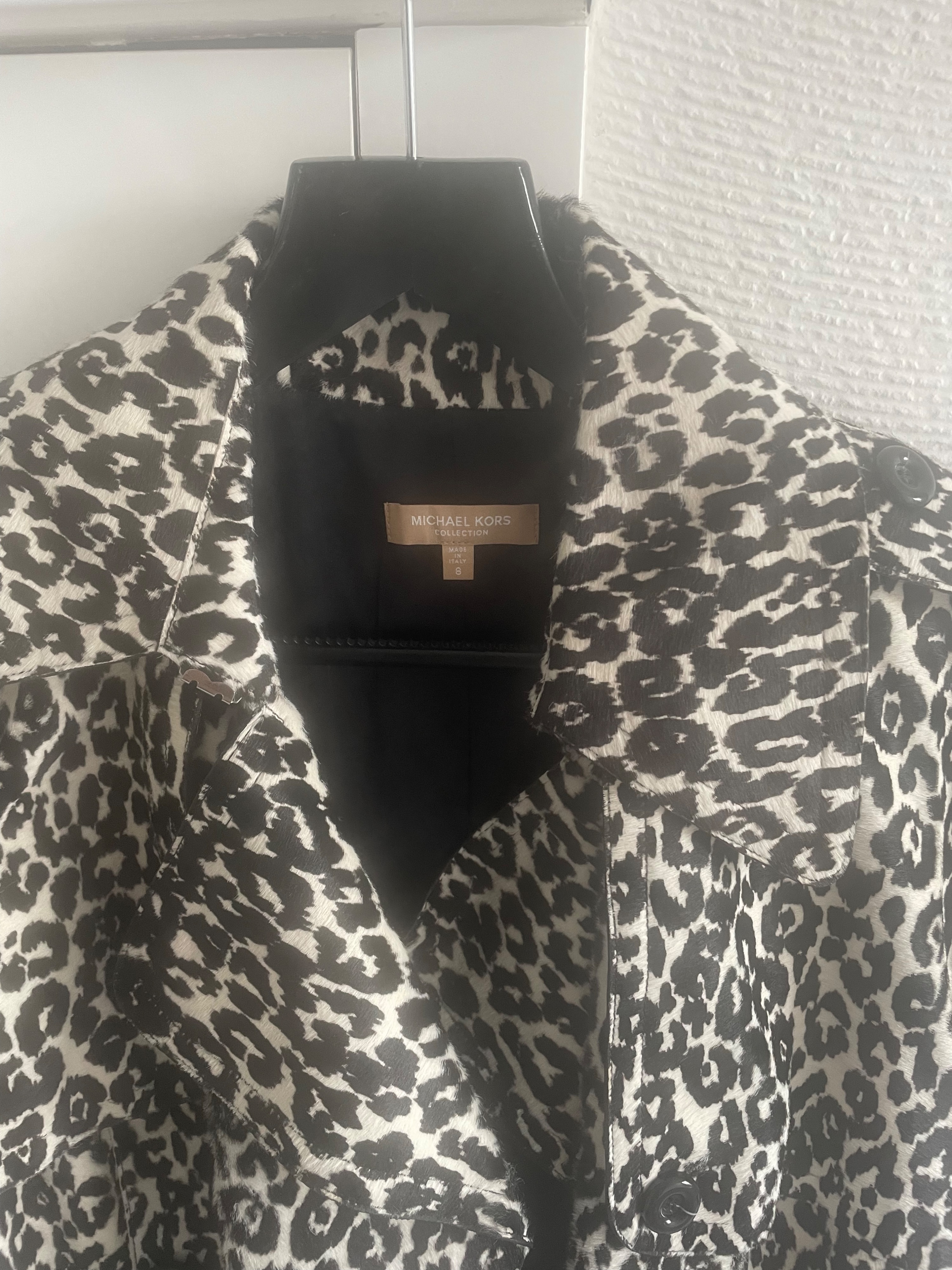 Michael Kors Belted double-breasted leopard-print calf hair trench coat Size M Black and white see label