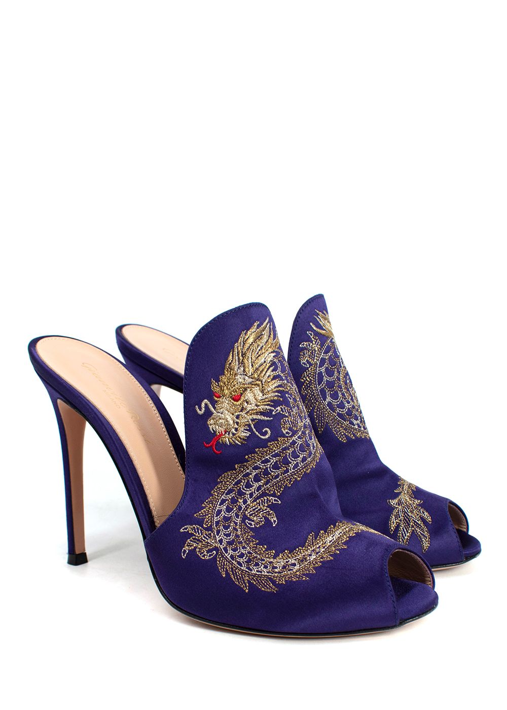 Preowned Gianvito Rossi Purple Satin Dragon Embroidered Mules Size 39 purple gold leather