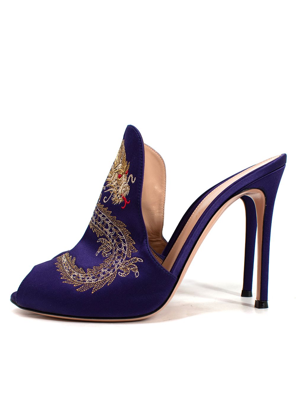 Preowned Gianvito Rossi Purple Satin Dragon Embroidered Mules Size 39 purple gold leather