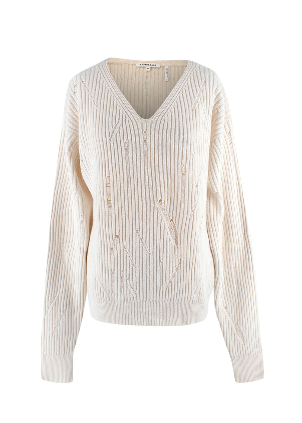 Preowned Helmut Lang Ivory Distressed V-Neck Wool Sweater Size M