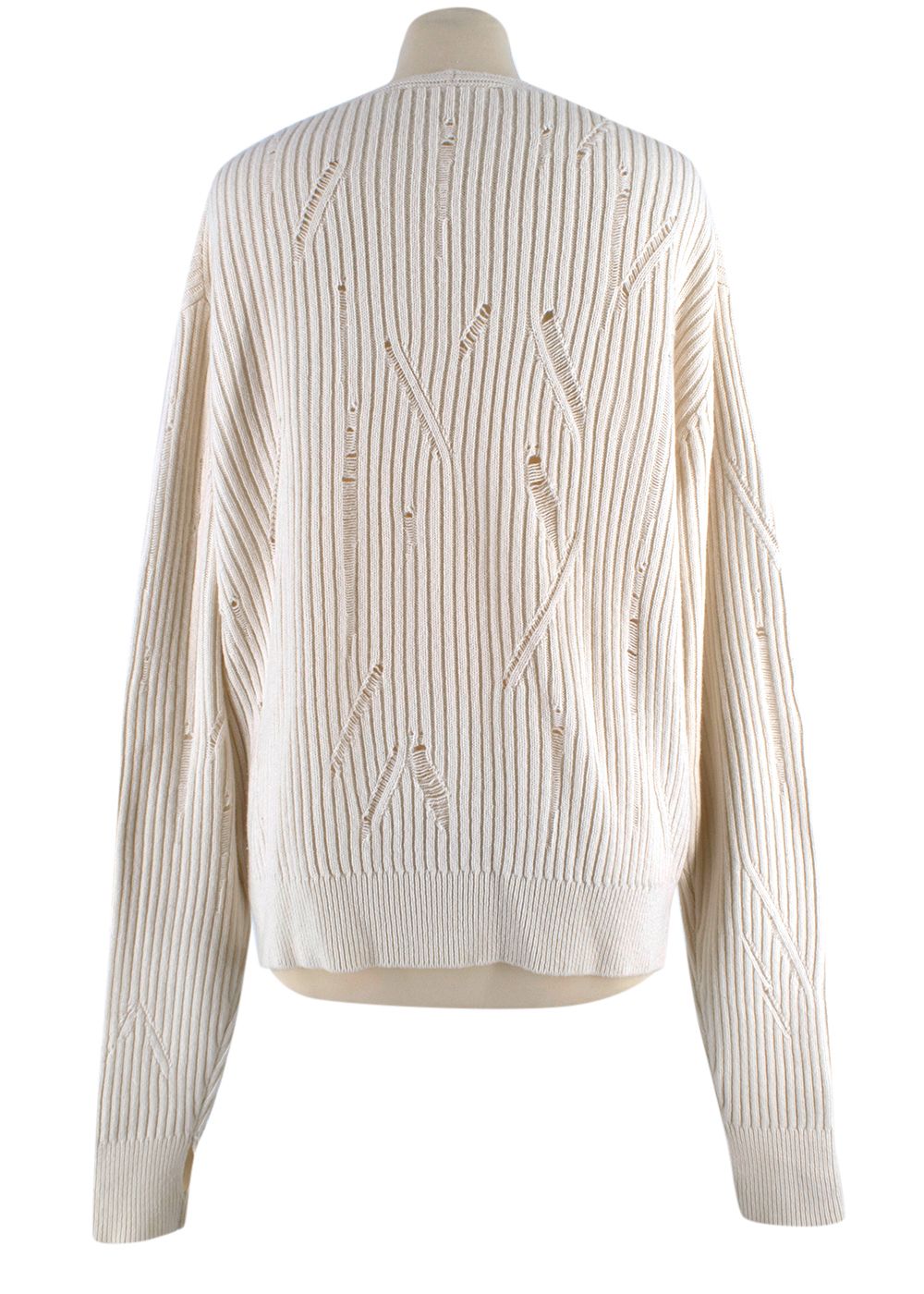 Preowned Helmut Lang Ivory Distressed V-Neck Wool Sweater Size M