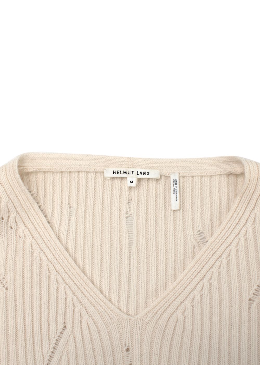 Preowned Helmut Lang Ivory Distressed V-Neck Wool Sweater Size M