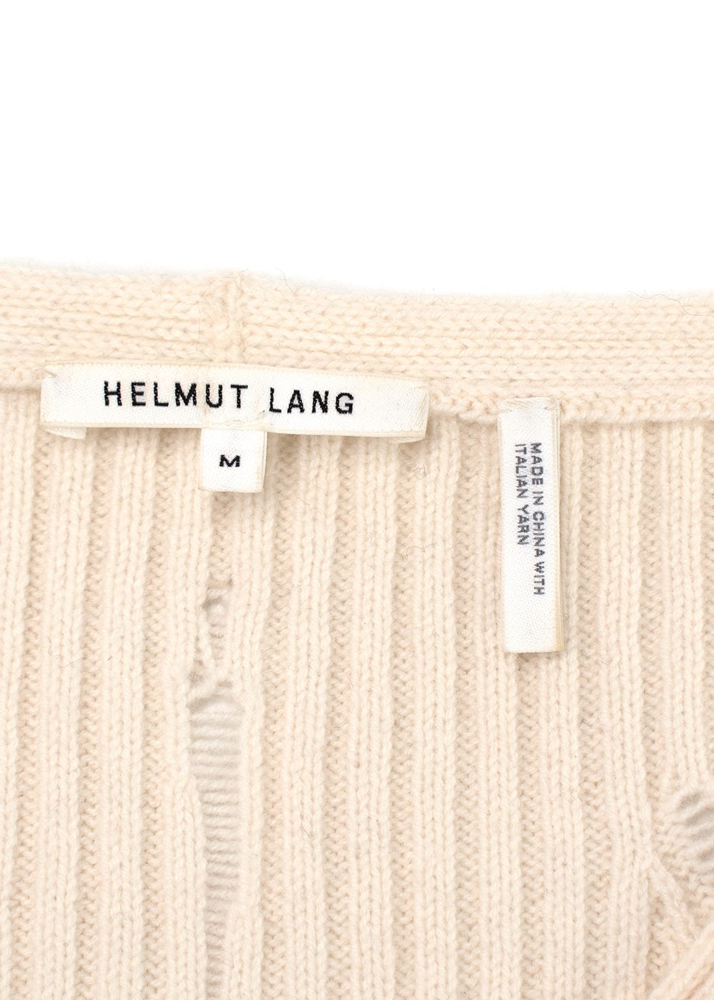 Preowned Helmut Lang Ivory Distressed V-Neck Wool Sweater Size M