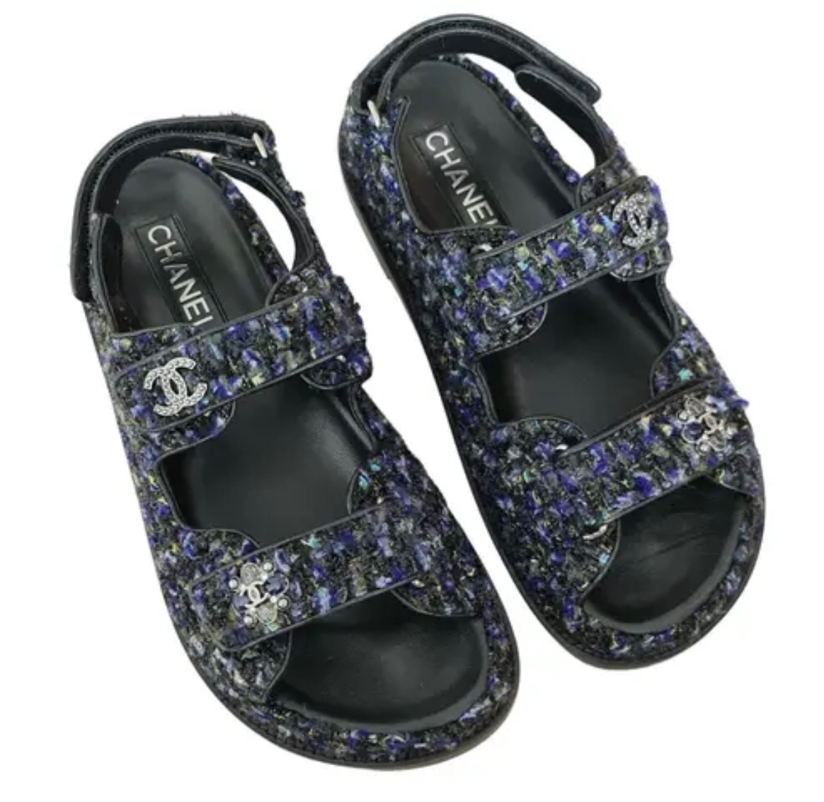 Chanel Navy Tweed Dad Sandals Size 35 Blue