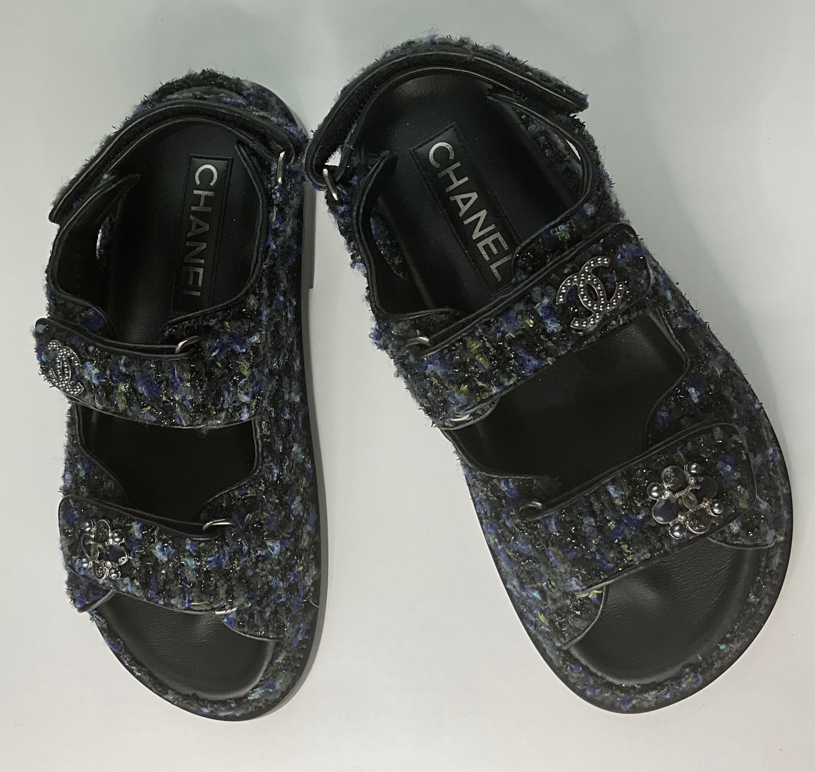 Chanel Navy Tweed Dad Sandals Size 35 Blue