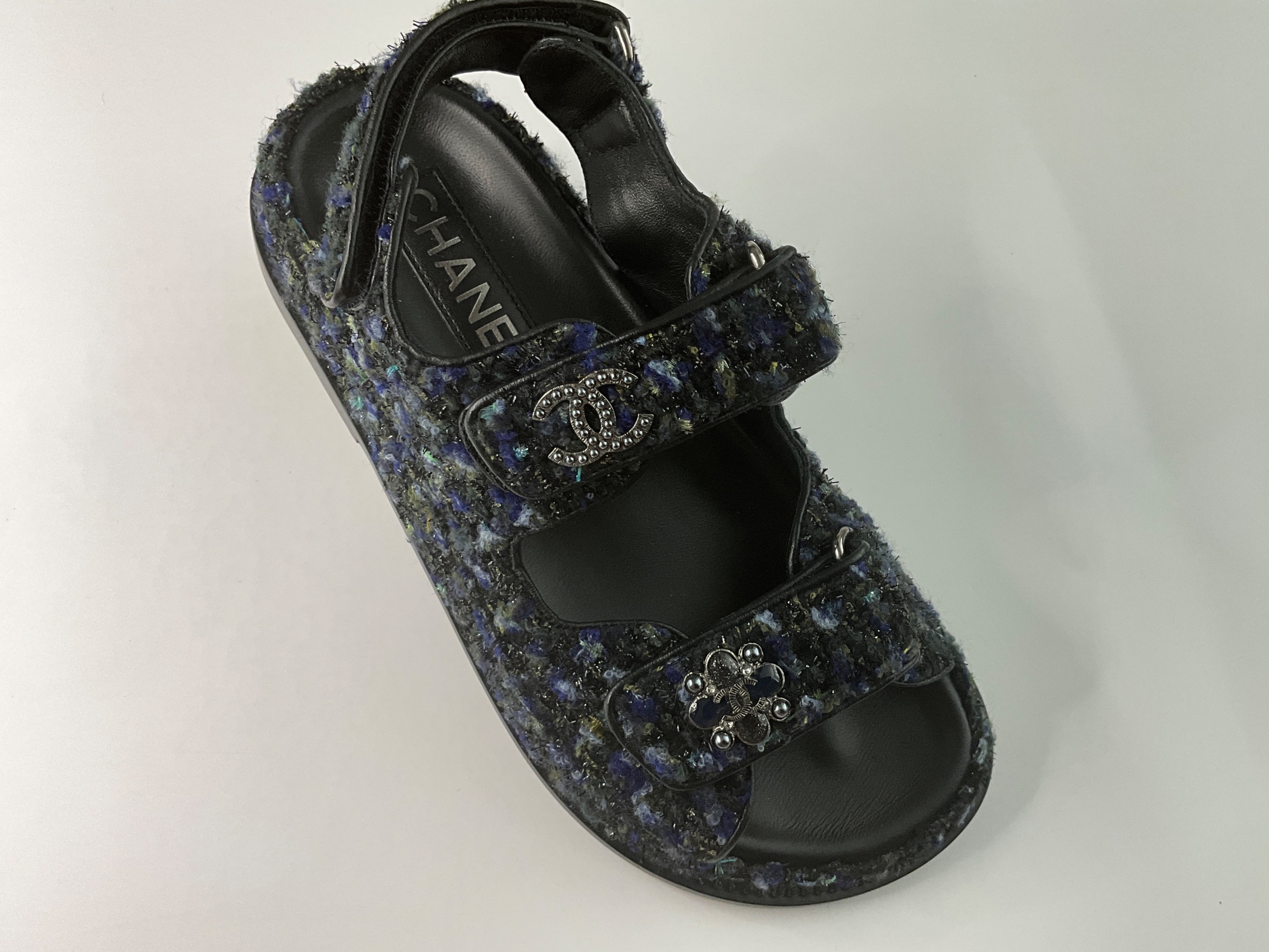 Chanel Navy Tweed Dad Sandals Size 35 Blue