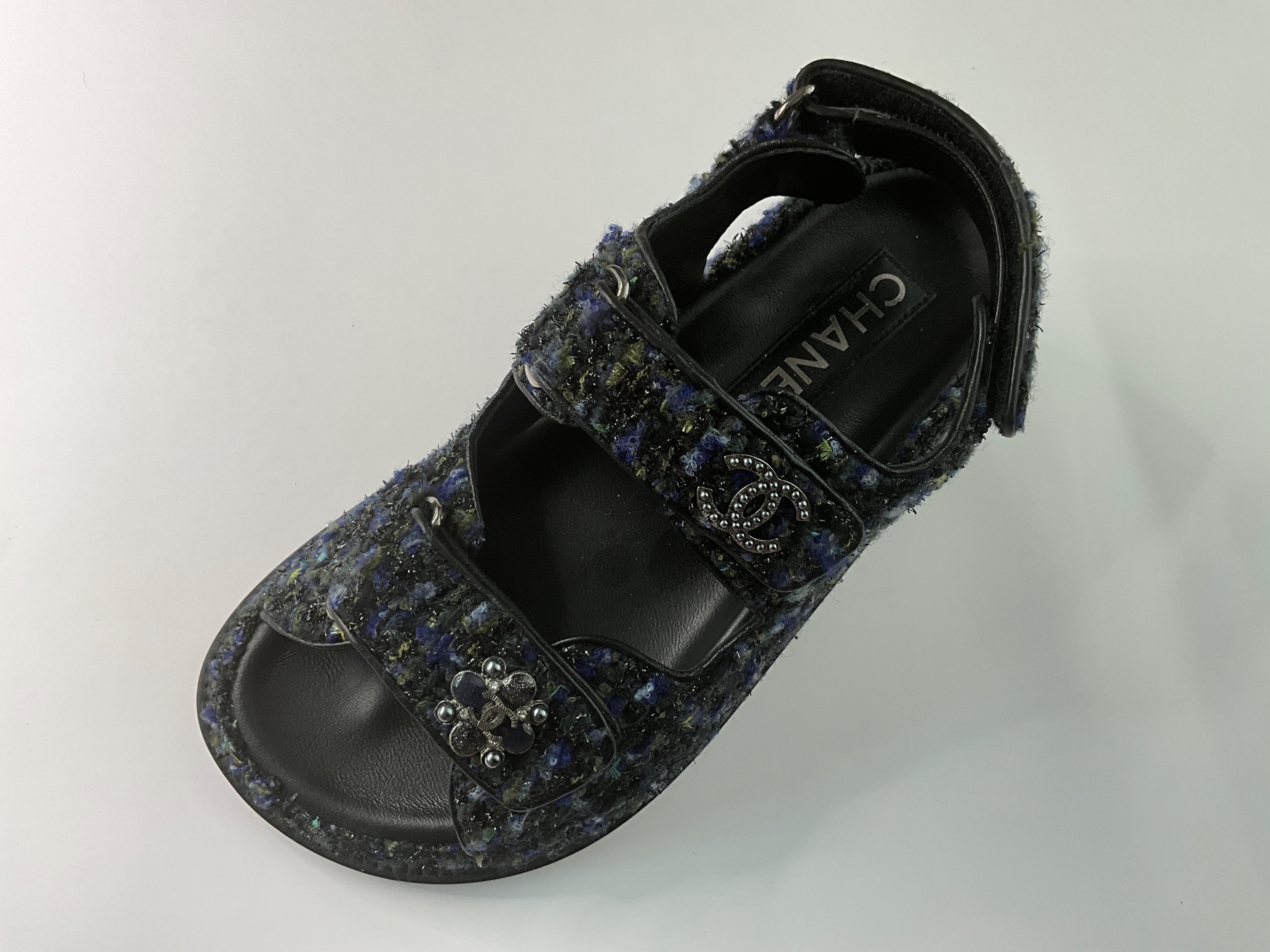 Chanel Navy Tweed Dad Sandals Size 35 Blue