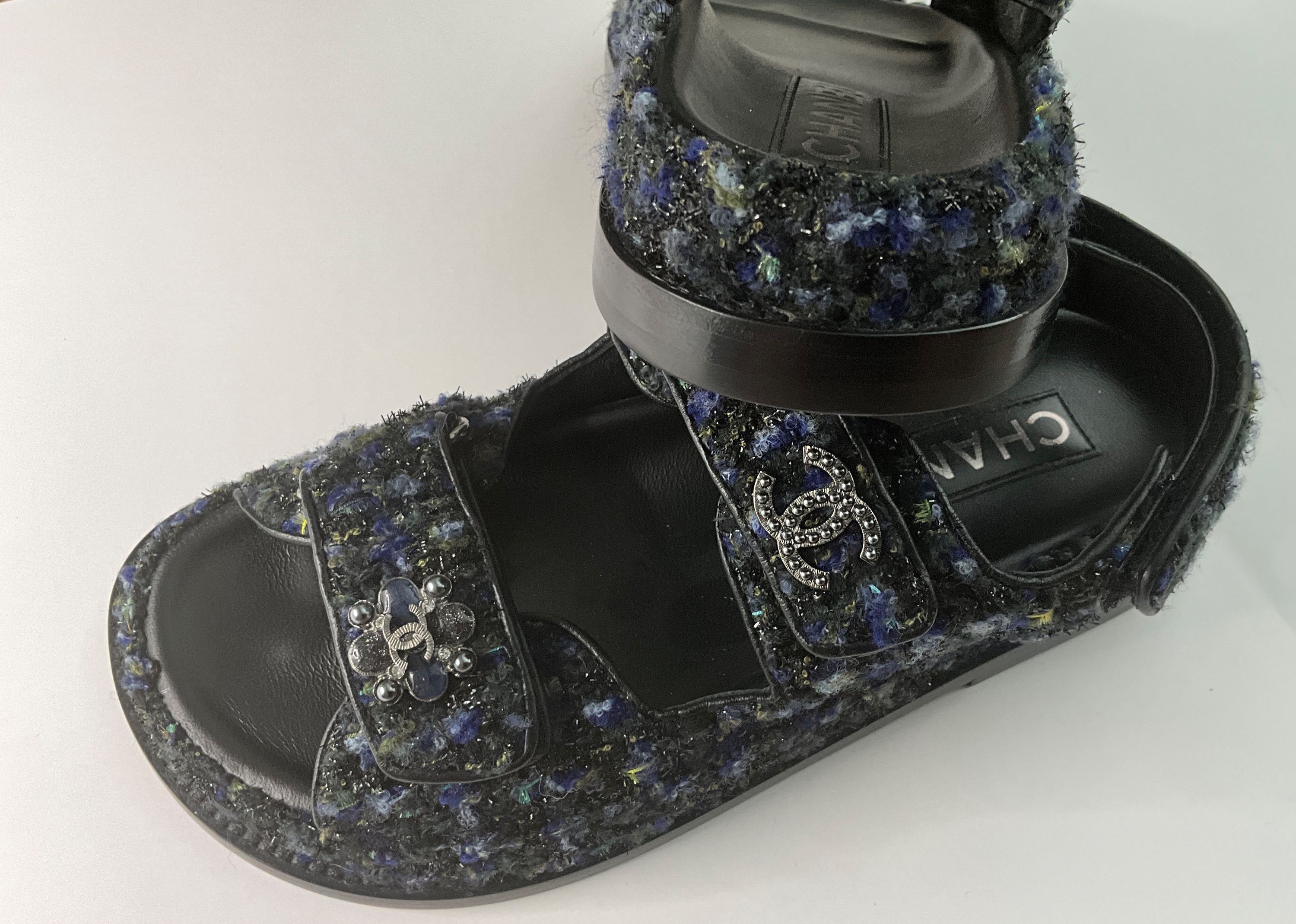 Chanel Navy Tweed Dad Sandals Size 35 Blue