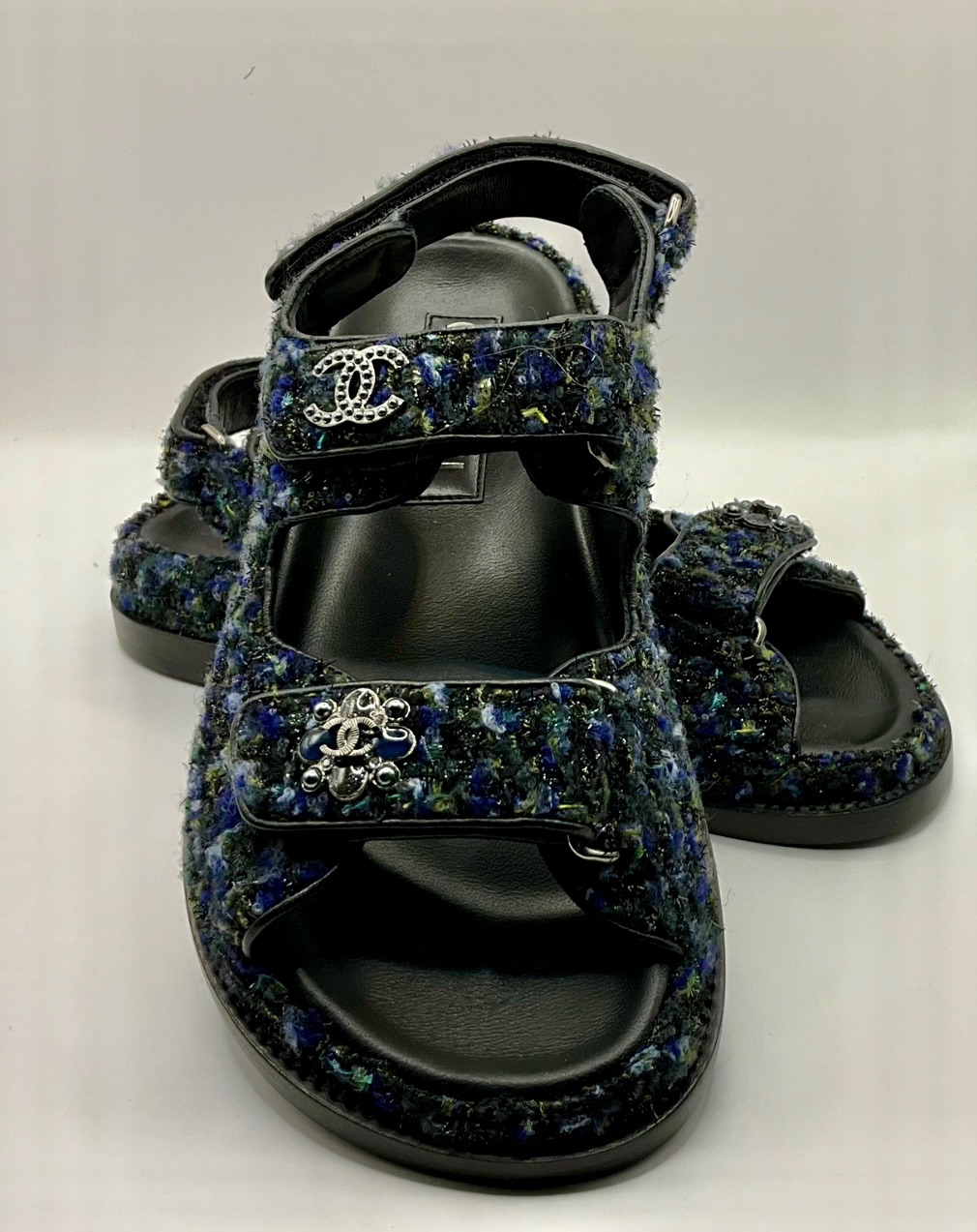 Chanel Navy Tweed Dad Sandals Size 35 Blue