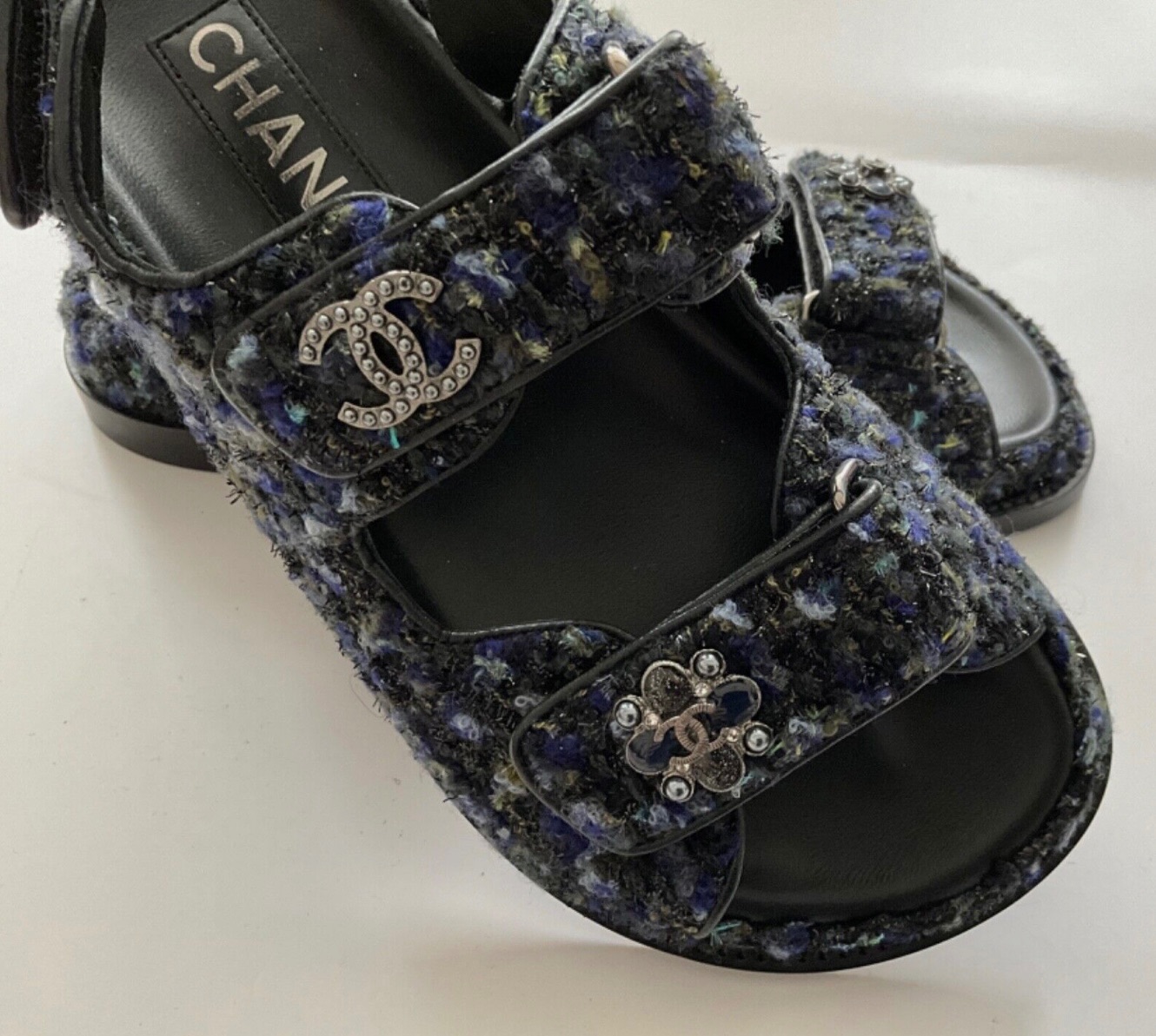 Chanel Navy Tweed Dad Sandals Size 35 Blue