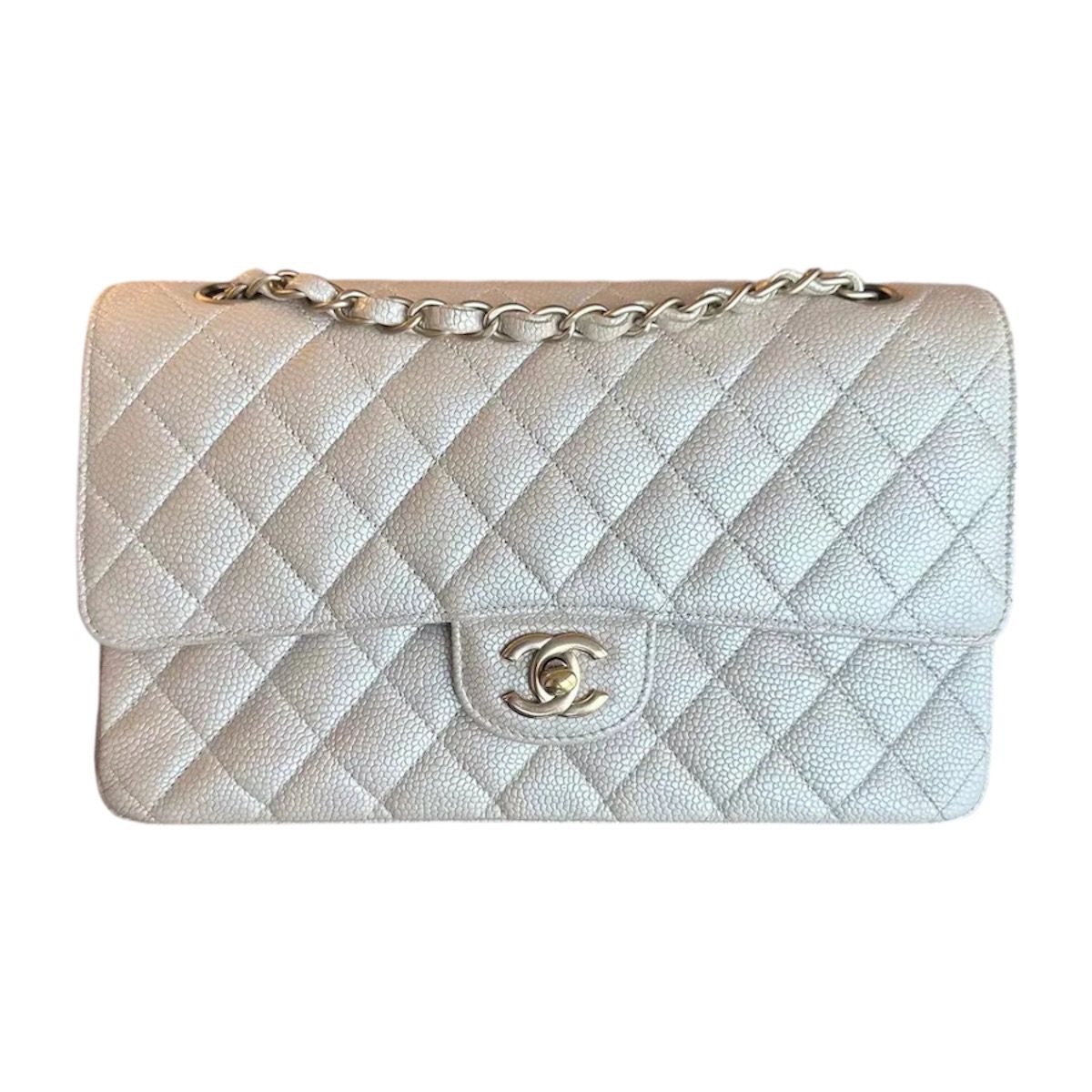 Preowned Chanel Iridescent Beige Medium  Quilted Caviar Grained Calfskin Double Flap Bag leather