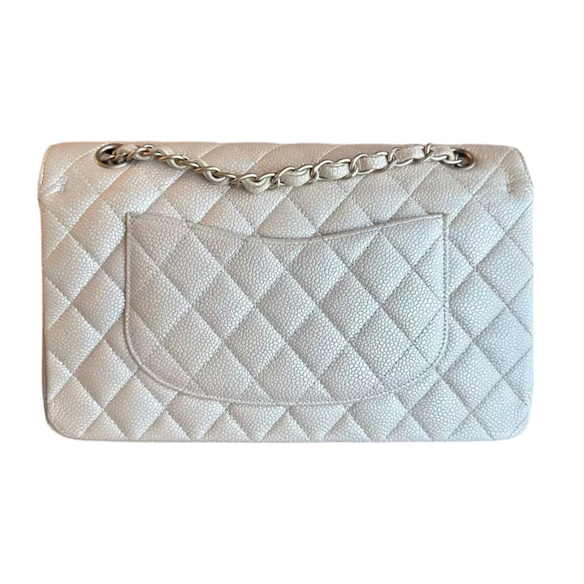 Preowned Chanel Iridescent Beige Medium  Quilted Caviar Grained Calfskin Double Flap Bag leather