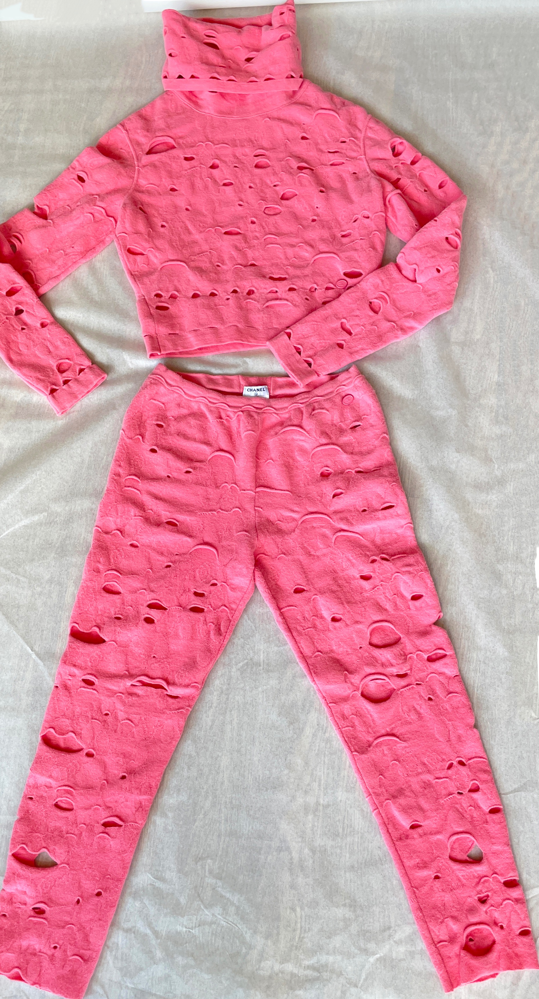 Chanel Pink Distressed Wool Blend Sweat Suit Size S wool/angora