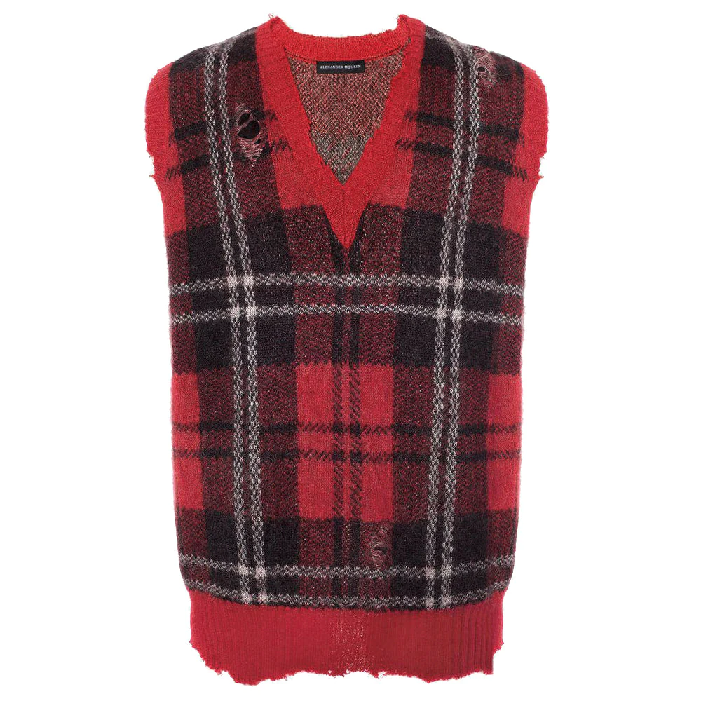 Alexander McQueen Red Distressed Check Sweater Vest Size M