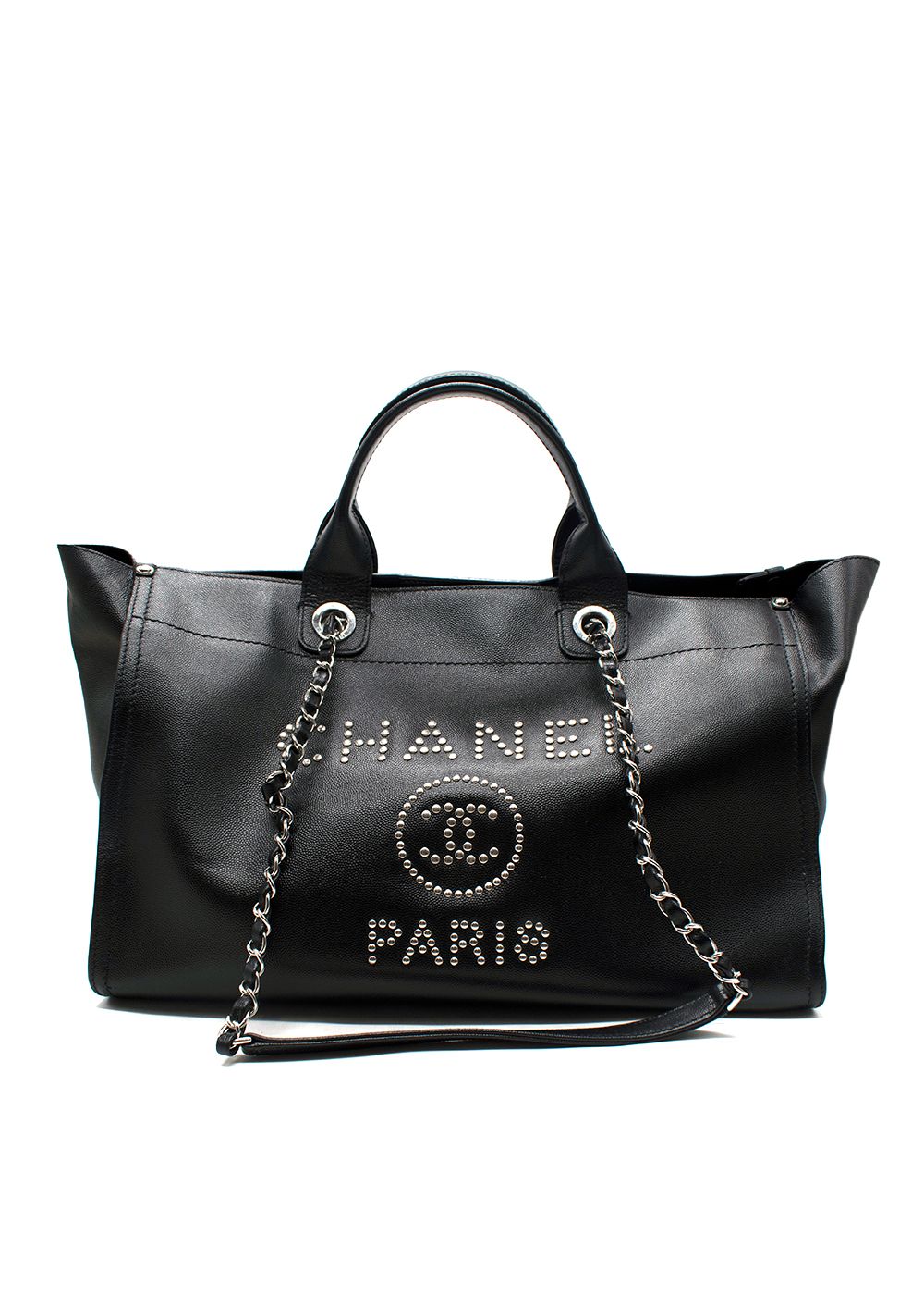 Preowned Chanel Black Studded Leather Deauville  Tote Bag