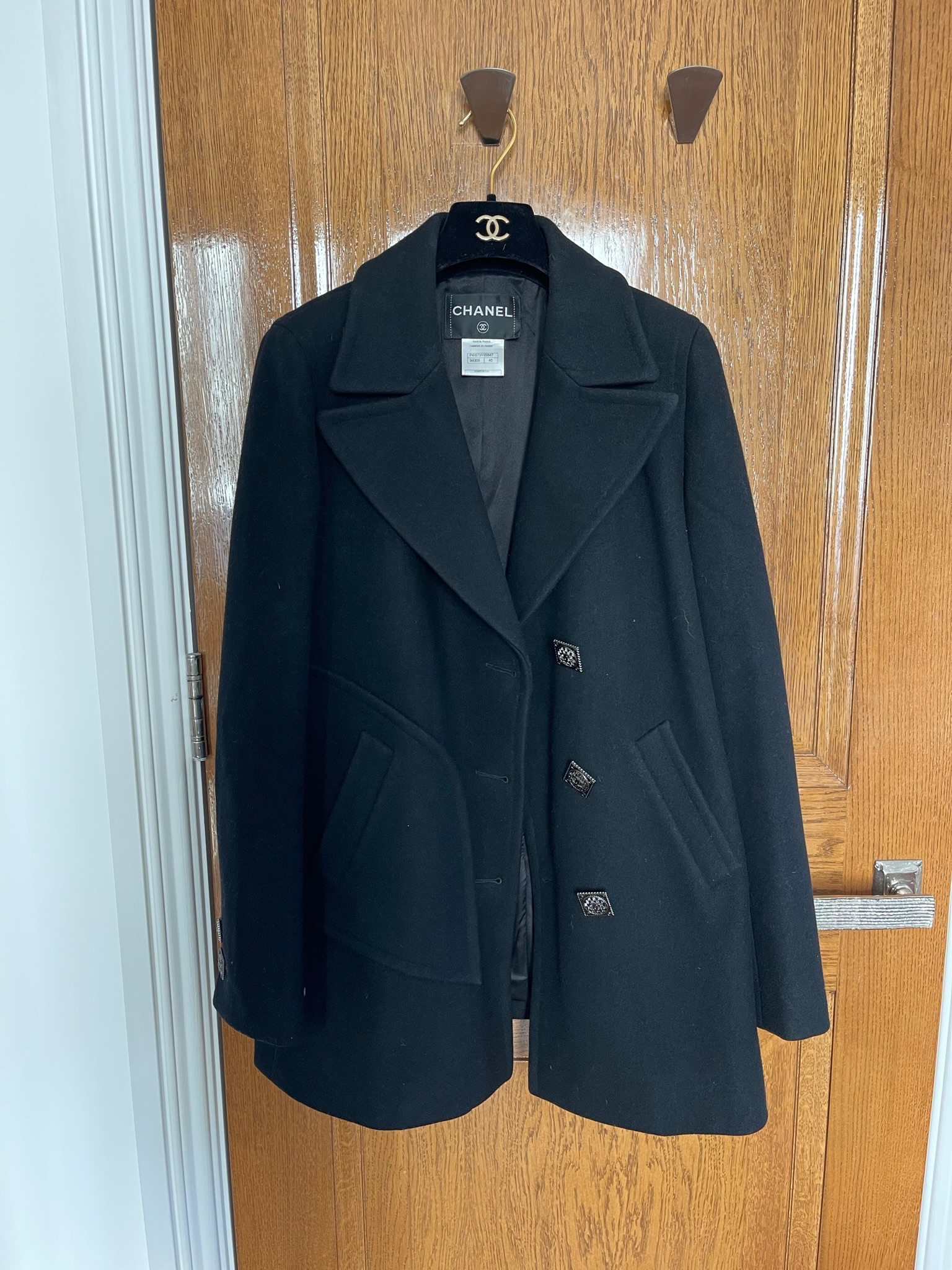 Preowned Chanel Black Wool Pea Coat Size S wool/silk lining