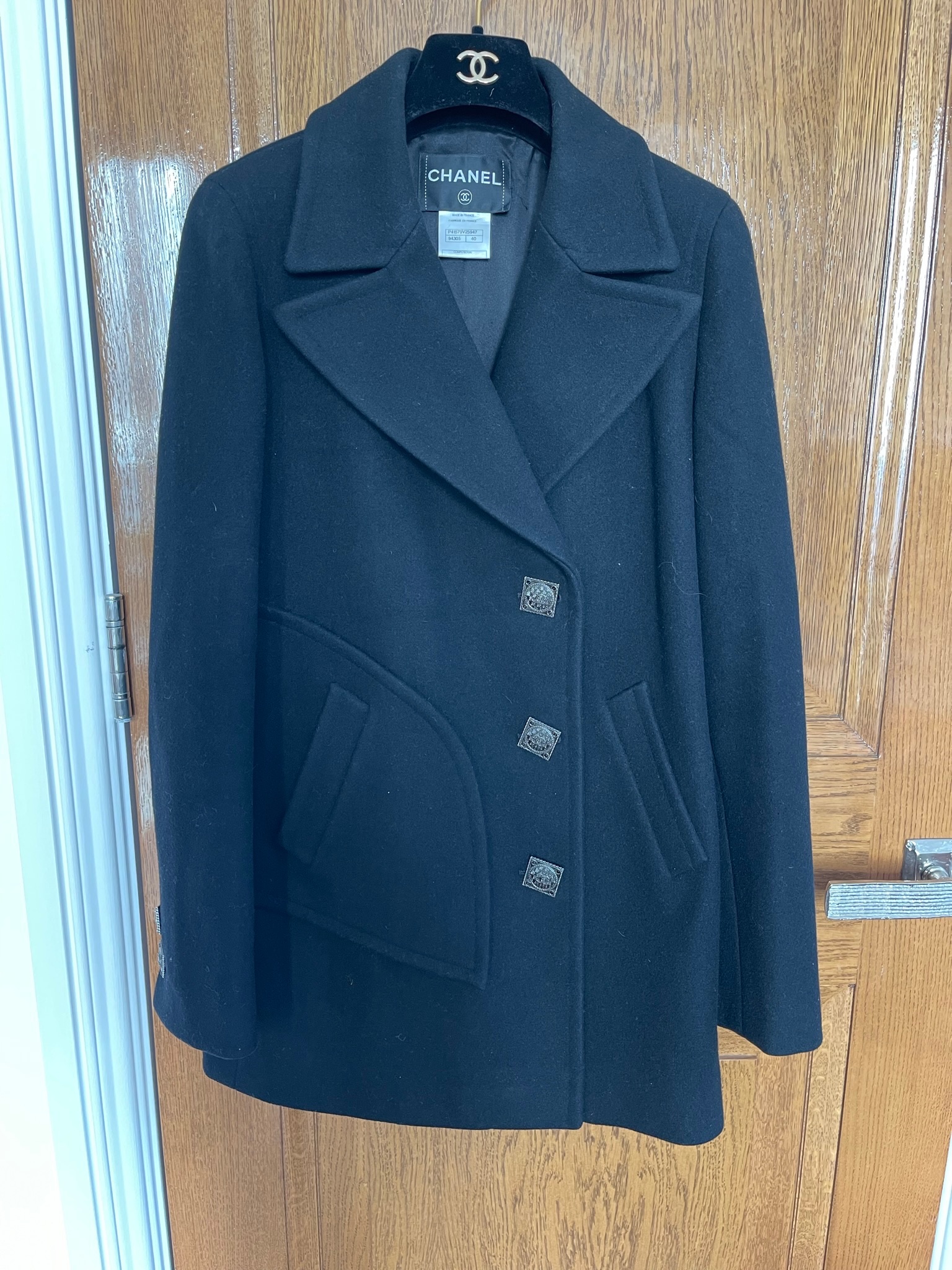 Preowned Chanel Black Wool Pea Coat Size S wool/silk lining