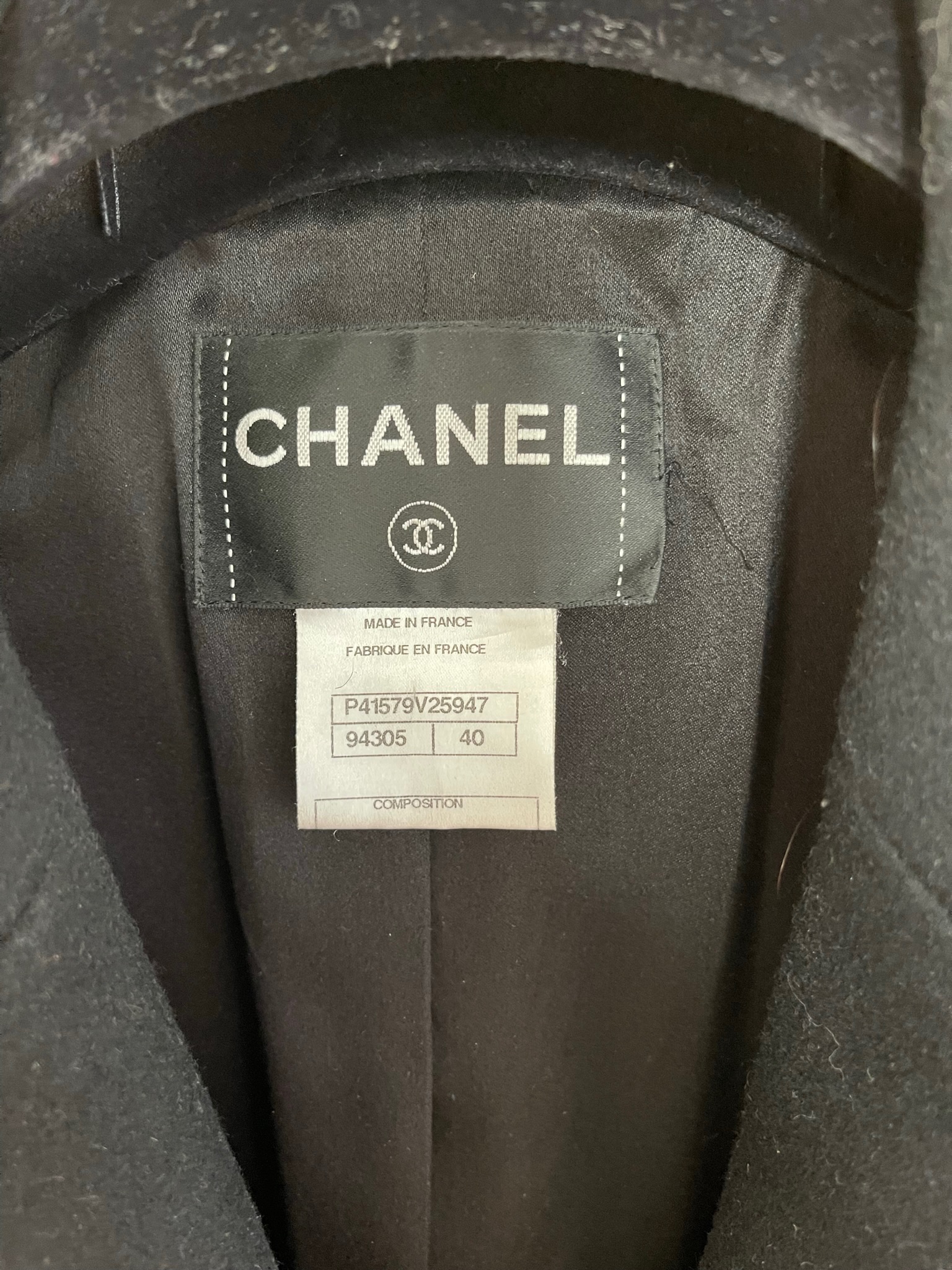 Preowned Chanel Black Wool Pea Coat Size S wool/silk lining