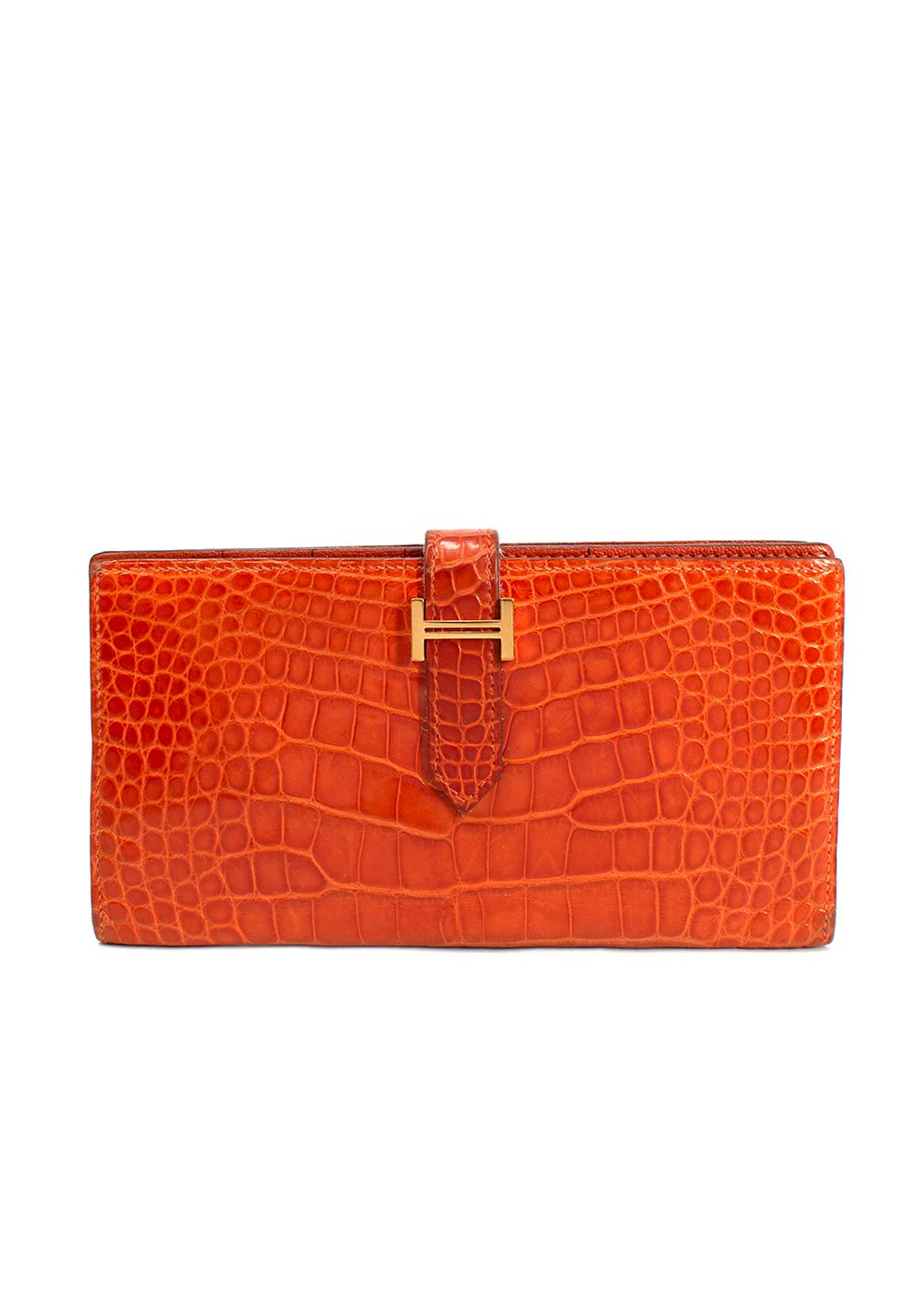 Preowned Hermes Orange Alligator Leather Bearn Wallet