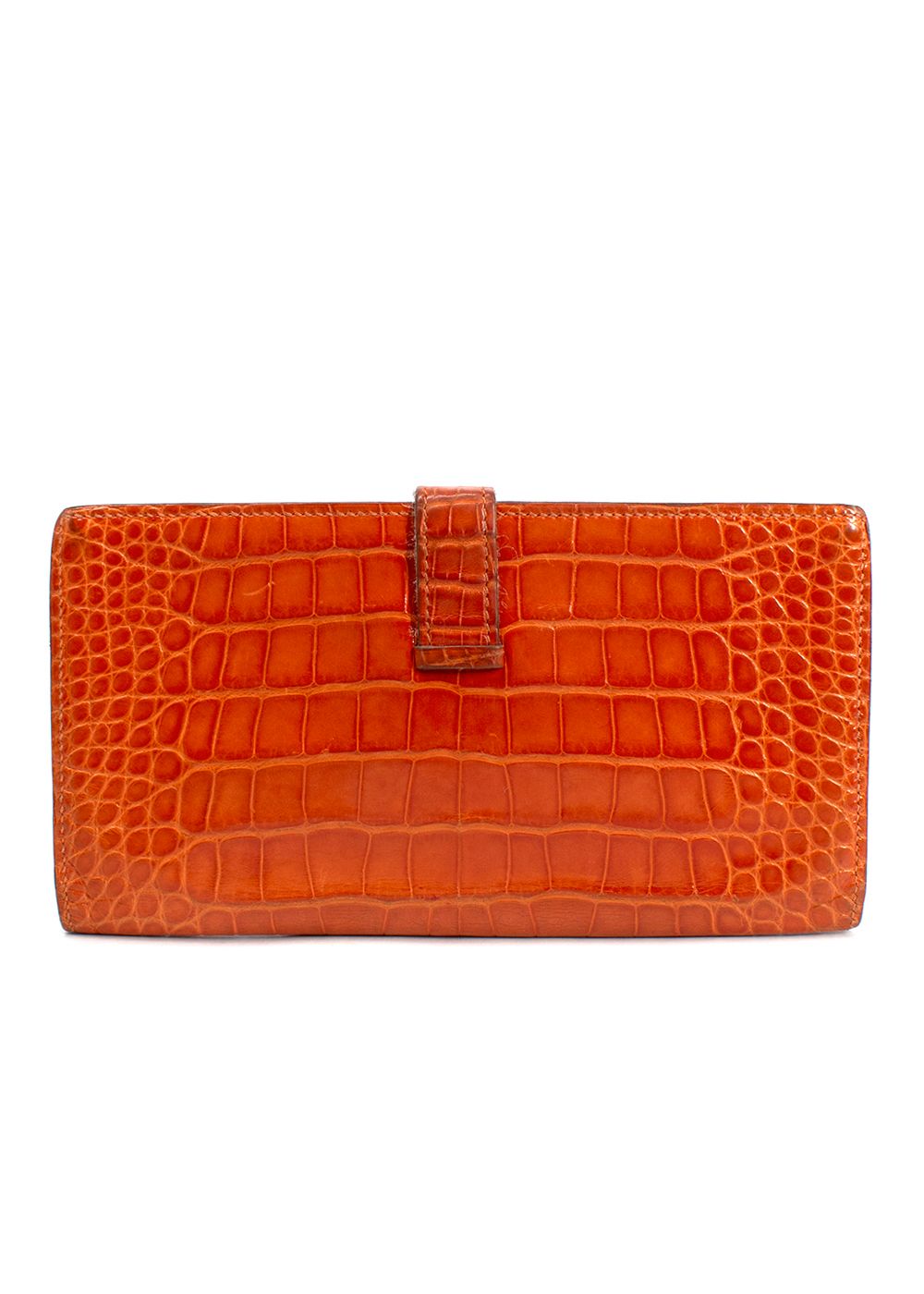 Preowned Hermes Orange Alligator Leather Bearn Wallet