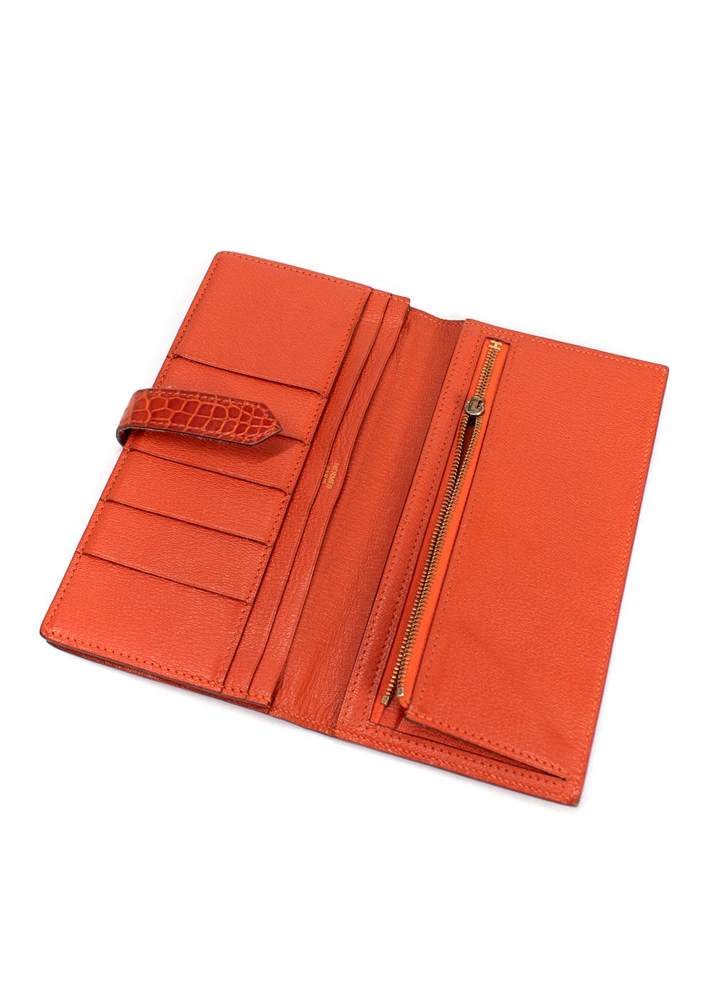 Preowned Hermes Orange Alligator Leather Bearn Wallet