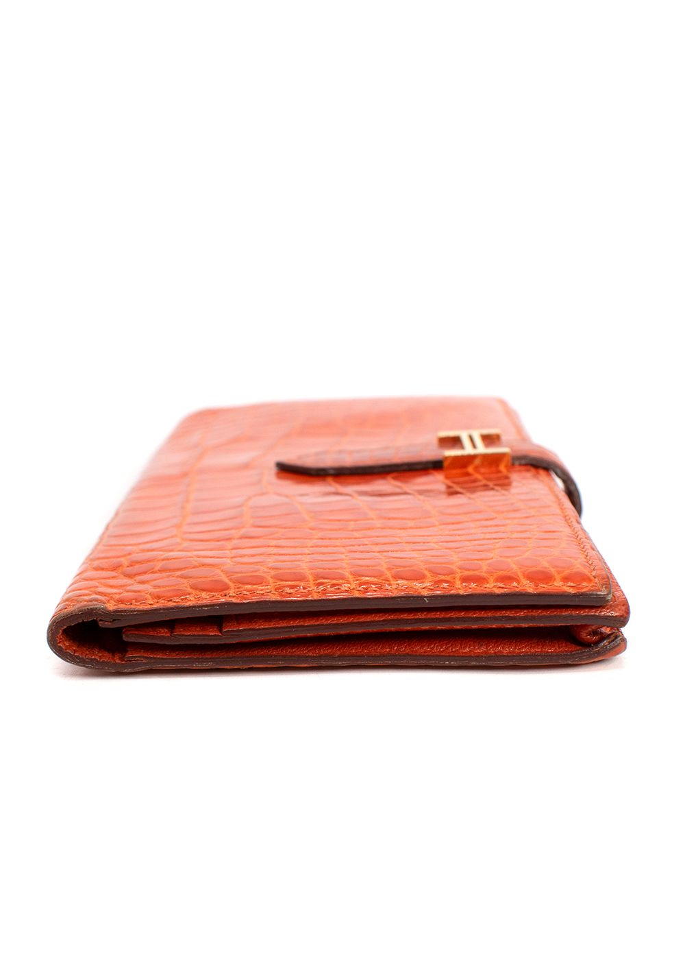 Preowned Hermes Orange Alligator Leather Bearn Wallet