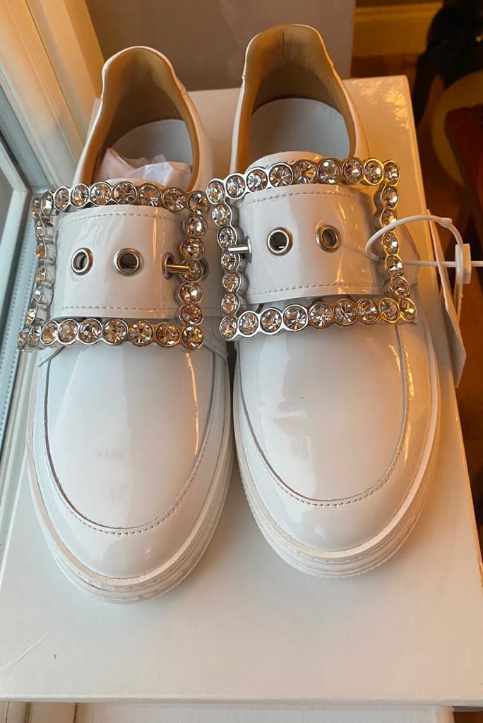 Maison Martin Margiela White Patent Leather Crystal Brooch Sneakers Size 37