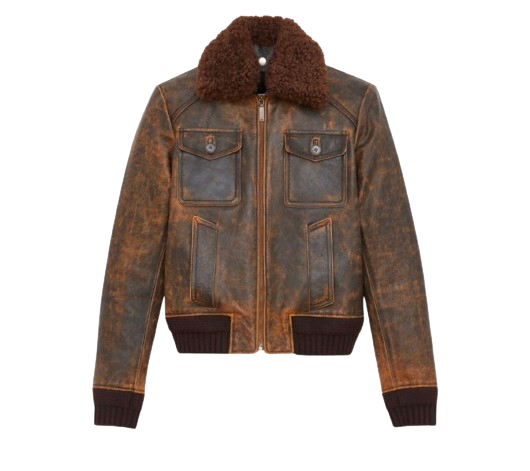 Saint Laurent Brown Distressed Leather Aviator Jacket Size XL