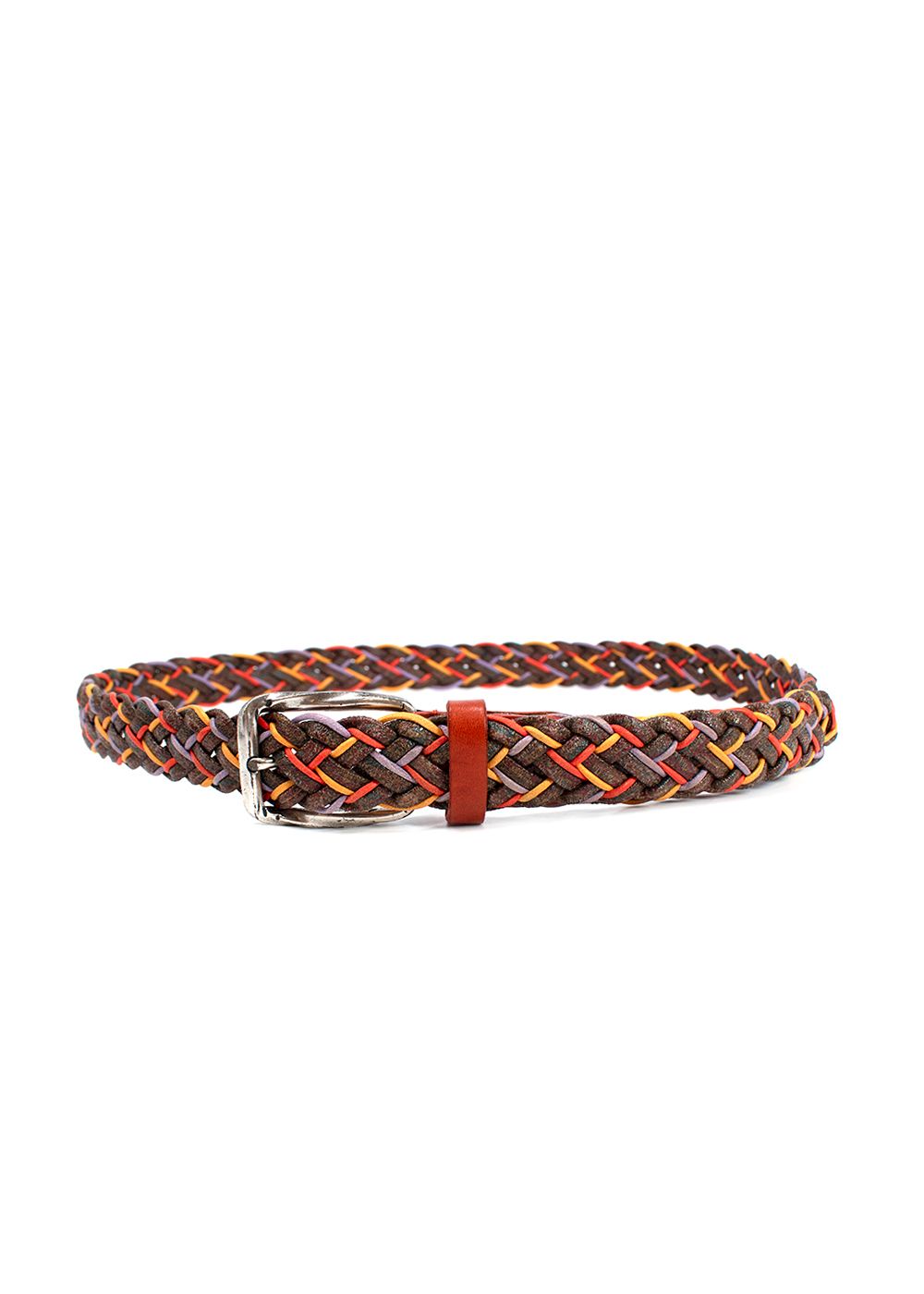 Men's Preowned Etro Brown Orange  Purple Braided Canvas Belt Brown yellow orange and purple leather