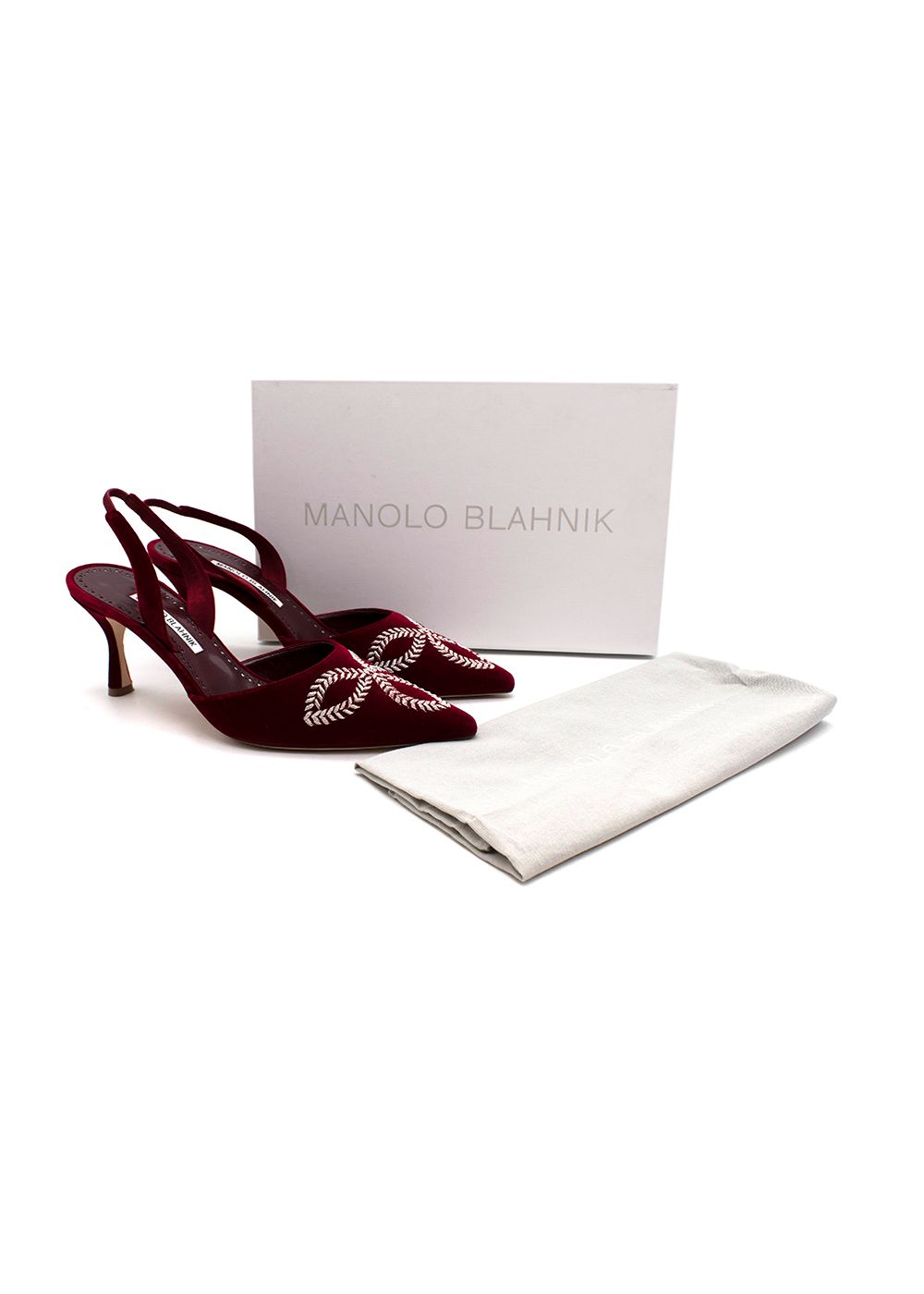 Preowned Manolo Blahnik Red Velvet Embroidered Doyasi Slingbacks