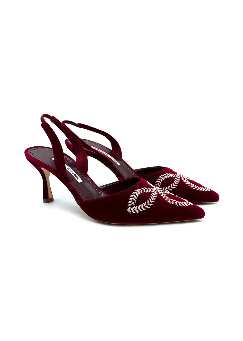 Preowned Manolo Blahnik Red Velvet Embroidered Doyasi Slingbacks