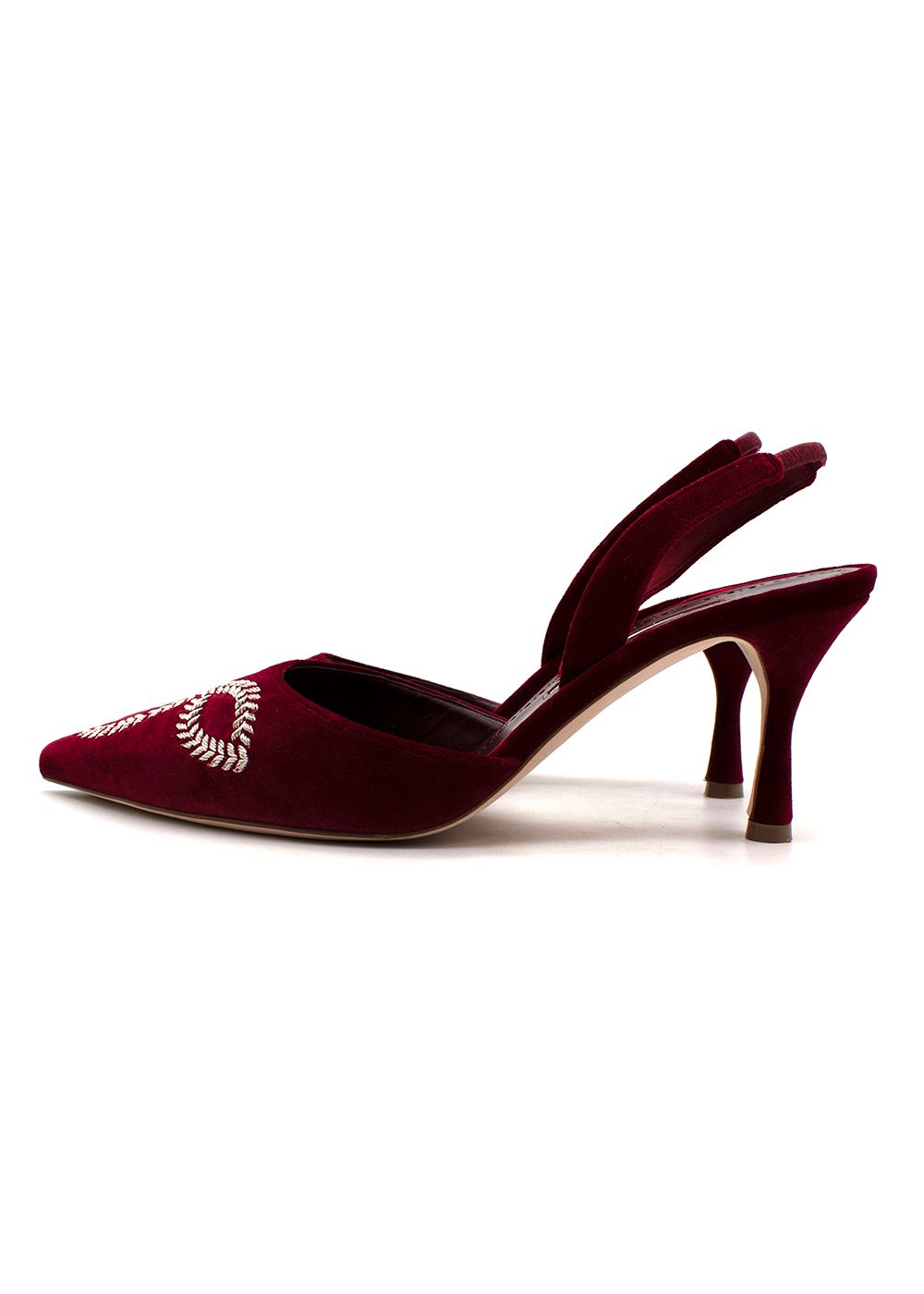 Preowned Manolo Blahnik Red Velvet Embroidered Doyasi Slingbacks