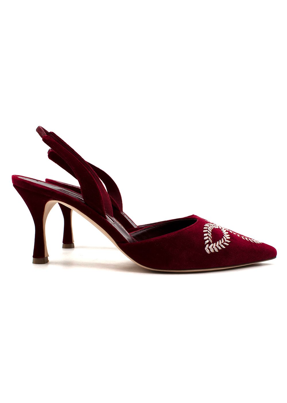 Preowned Manolo Blahnik Red Velvet Embroidered Doyasi Slingbacks