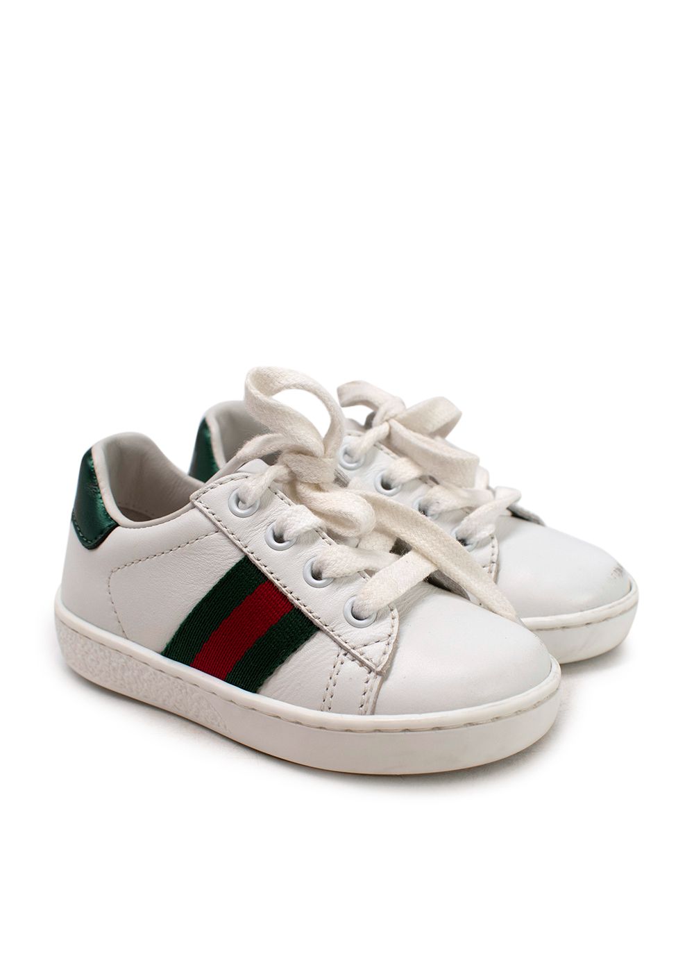 Boys Preowned Gucci White Infants New Ace Lace Up Trainers Size 18-24 Months Red Green White leather/rubber sole