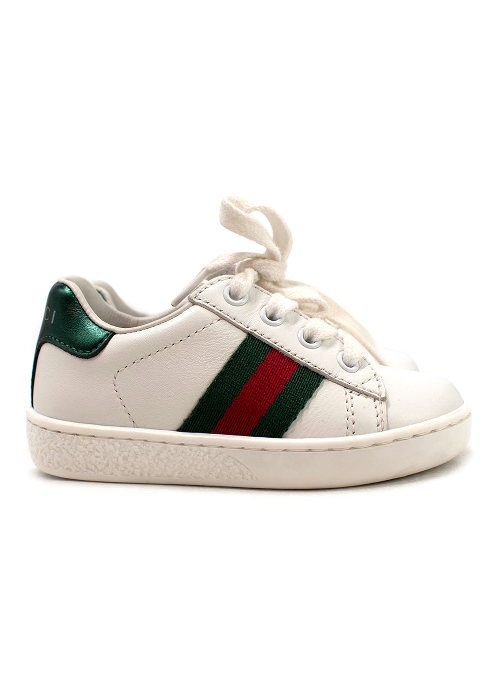 Boys Preowned Gucci White Infants New Ace Lace Up Trainers Size 18-24 Months Red Green White leather/rubber sole