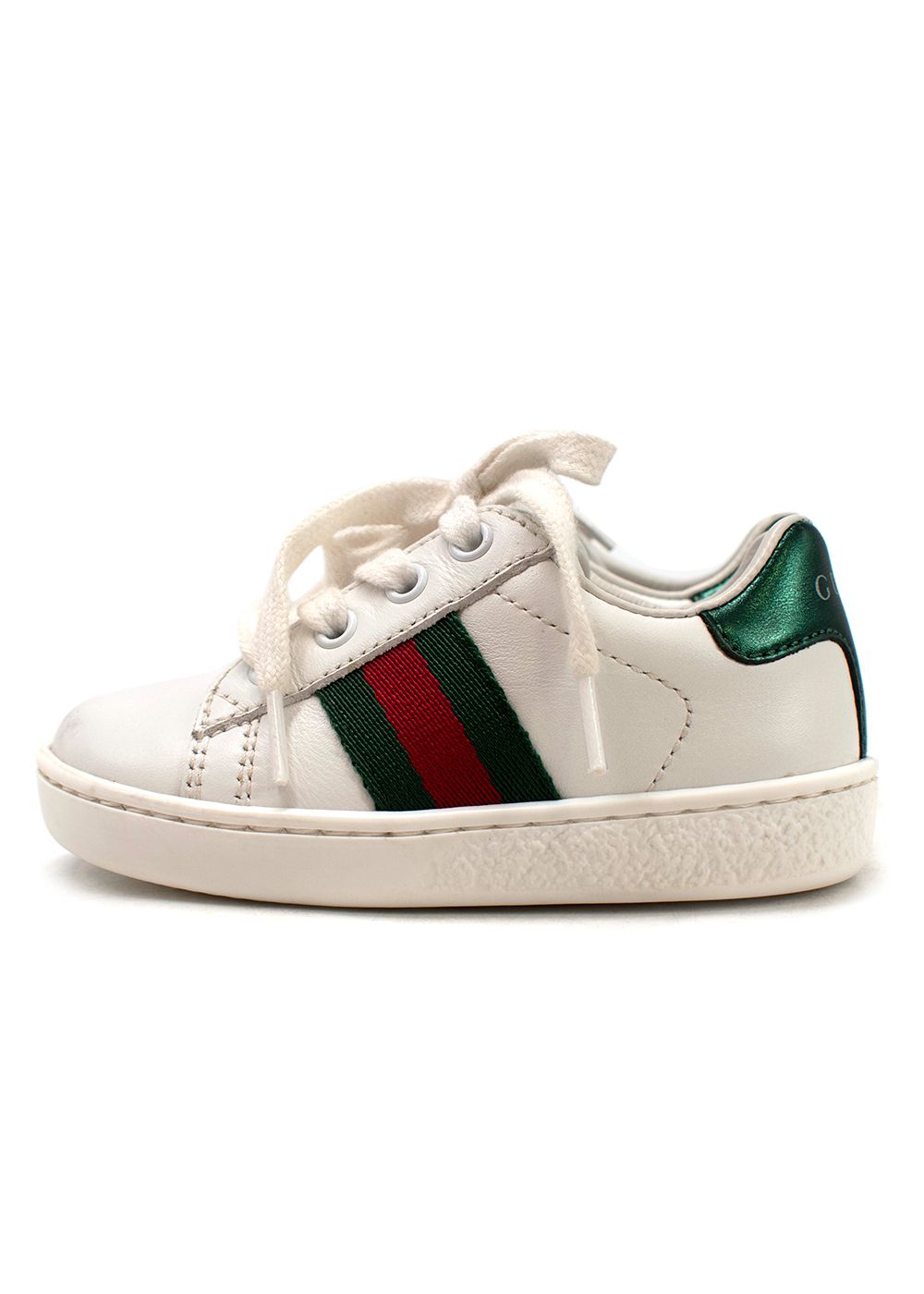 Boys Preowned Gucci White Infants New Ace Lace Up Trainers Size 18-24 Months Red Green White leather/rubber sole