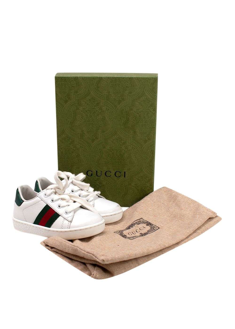 Boys Preowned Gucci White Infants New Ace Lace Up Trainers Size 18-24 Months Red Green White leather/rubber sole