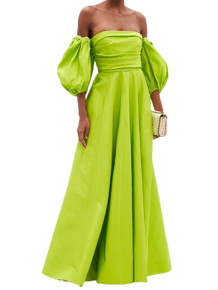 Valentino Lime Green Silk Faille Puff-Sleeve Off-The-Shoulder Gown Size S