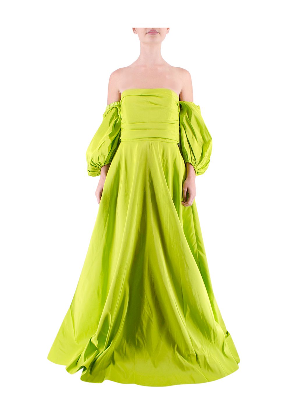 Valentino Lime Green Silk Faille Puff-Sleeve Off-The-Shoulder Gown Size S