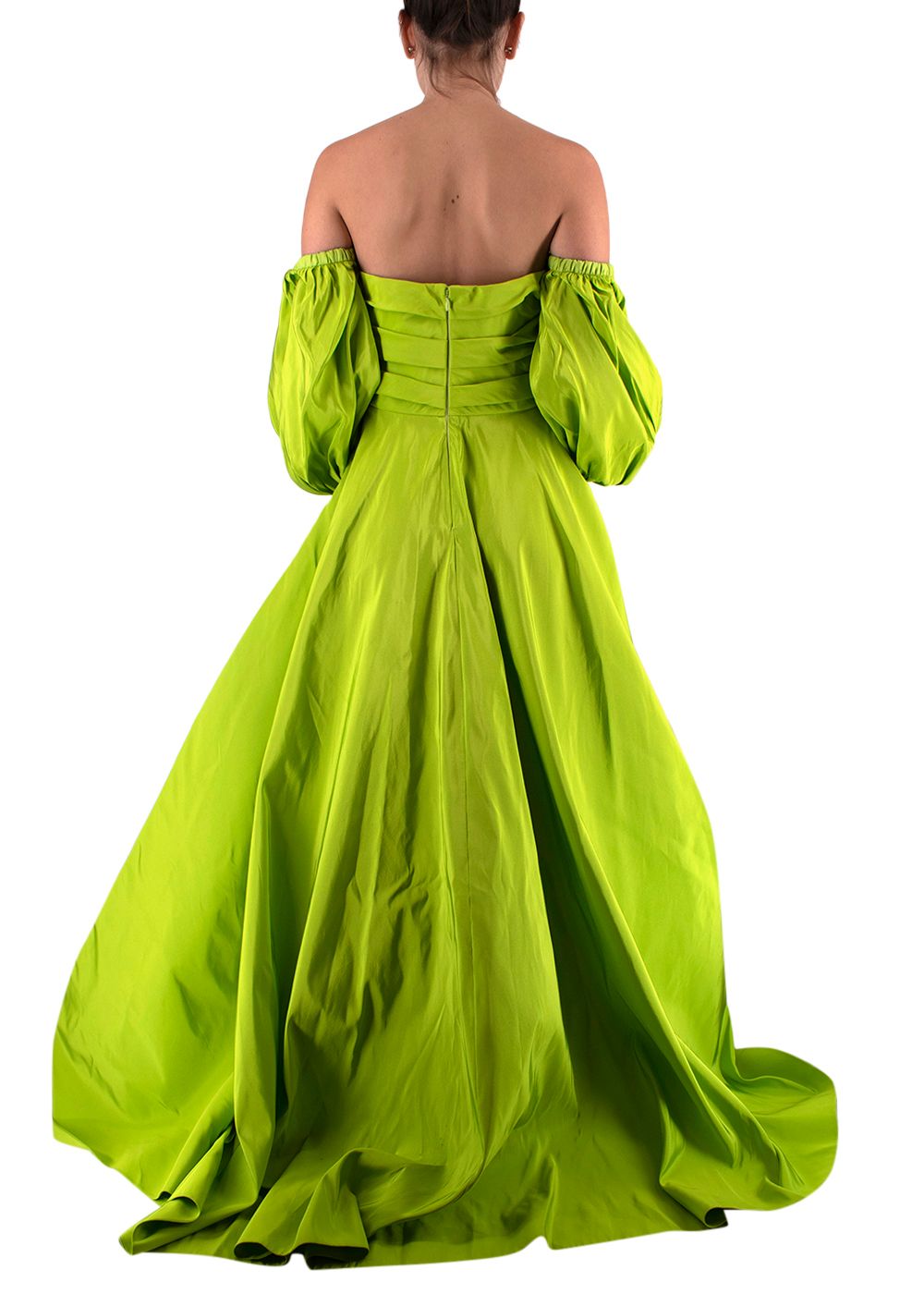 Valentino Lime Green Silk Faille Puff-Sleeve Off-The-Shoulder Gown Size S