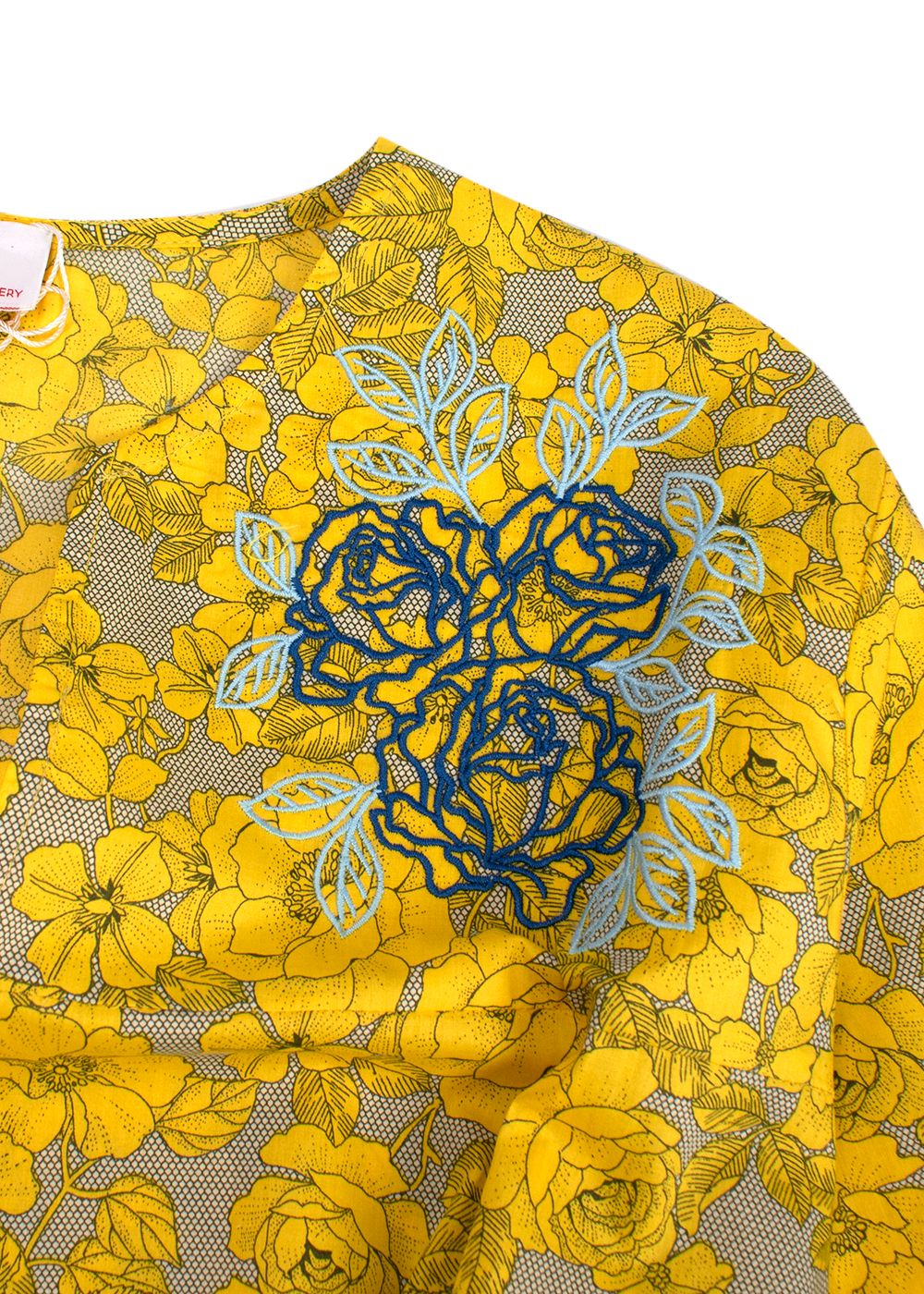 Elegant Embroidery Yellow Floral Belted Kaftan Size L cotton