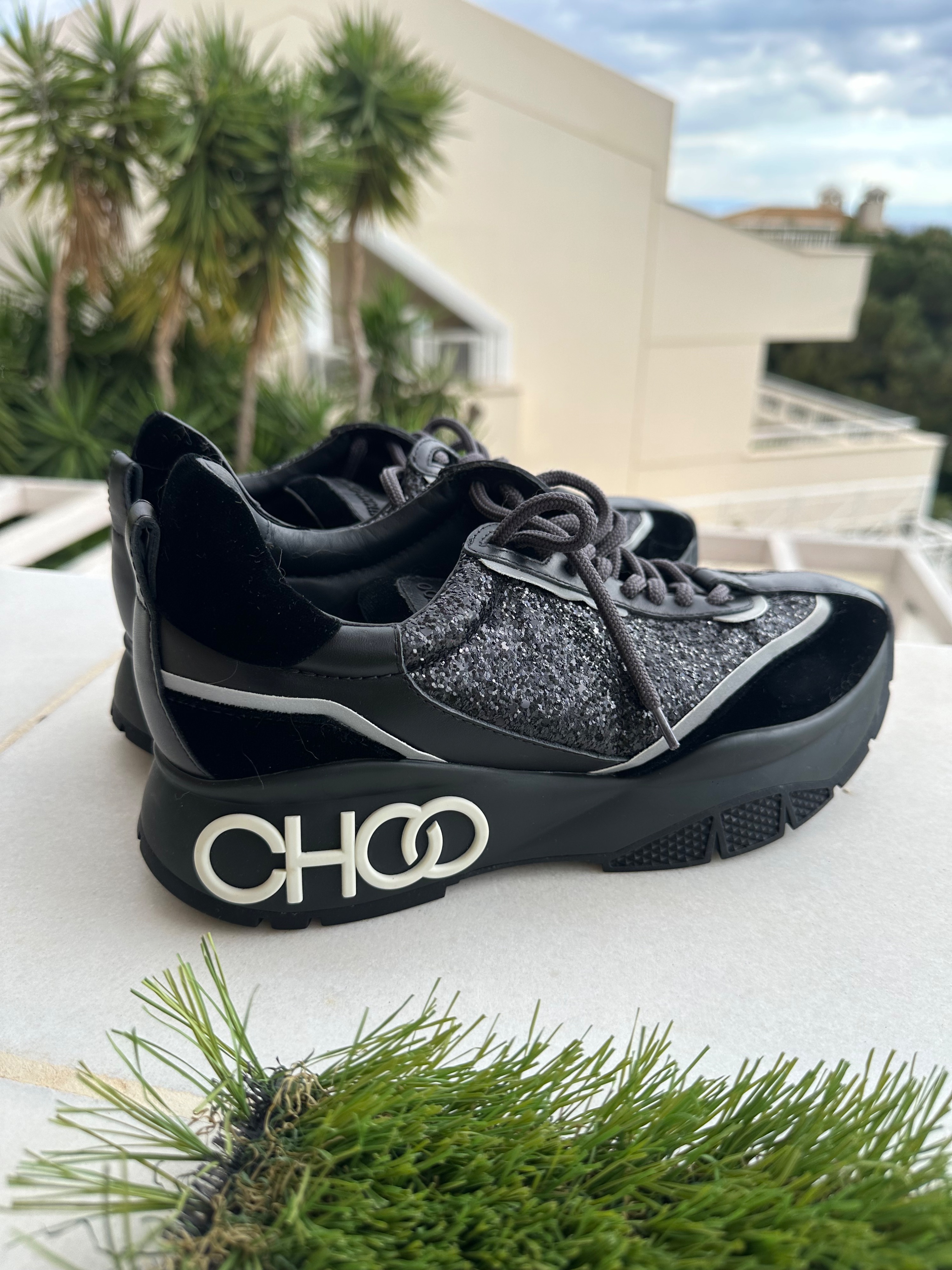 Jimmy Choo Black Sequin Sneakers Size 405 leather/fabric