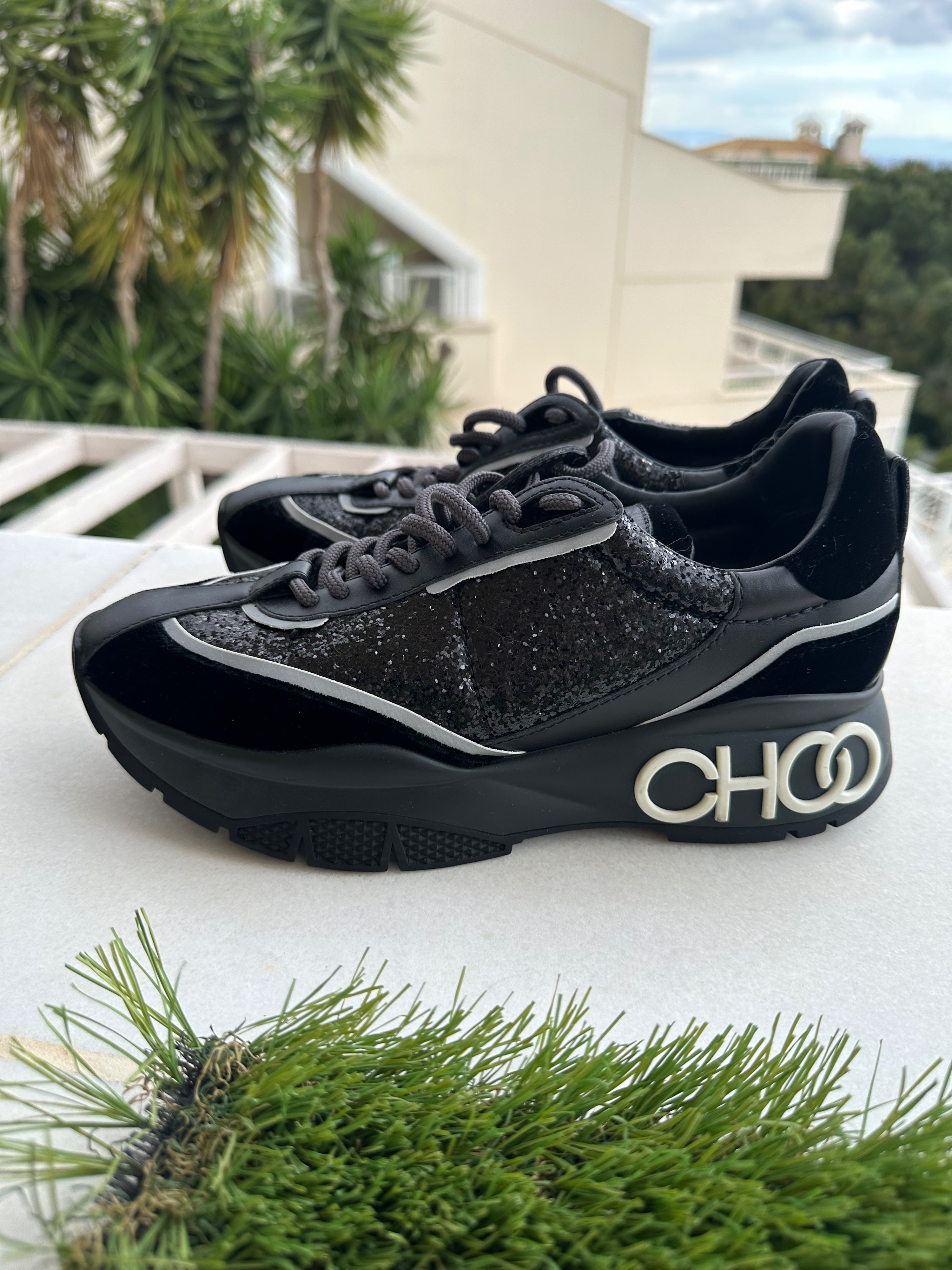 Jimmy Choo Black Sequin Sneakers Size 405 leather/fabric