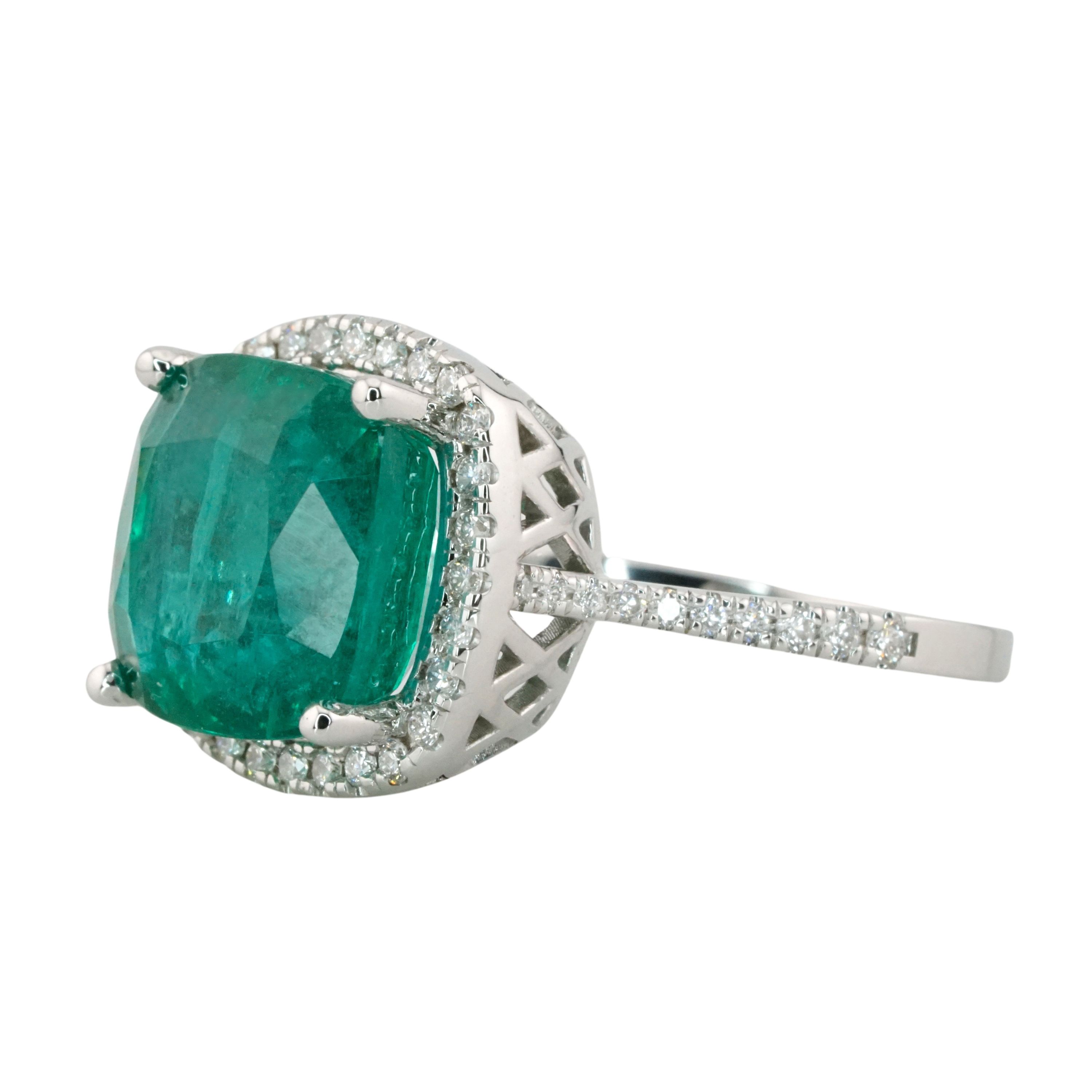 Antinori Fine Jewels Art Deco 14K White Gold Cushion Cut Emerald Ring