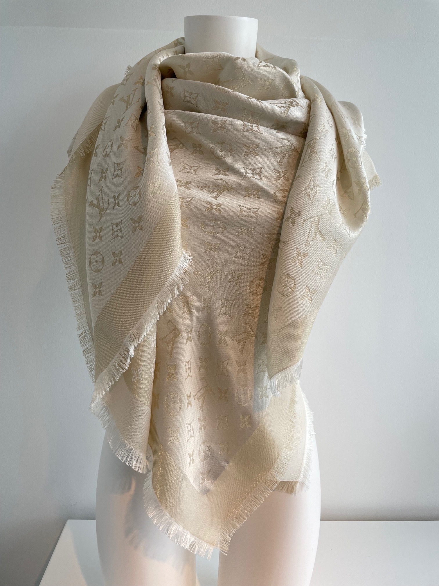 Louis Vuitton Beige Monogram Silk Blend Shawl White/Gold silk/viscose/wool