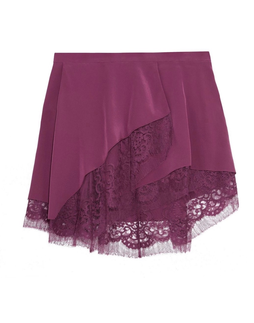 Preowned Michele Mason Mauve Asymmetric Lace Trimmed Mini Skirt Size M Purple silk