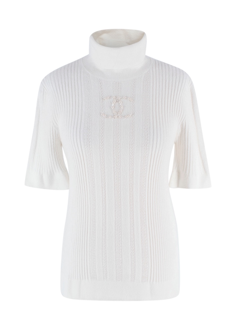 Chanel White Ribbed CC Pearl Embellished  Turtleneck Size S viscose/polyamide